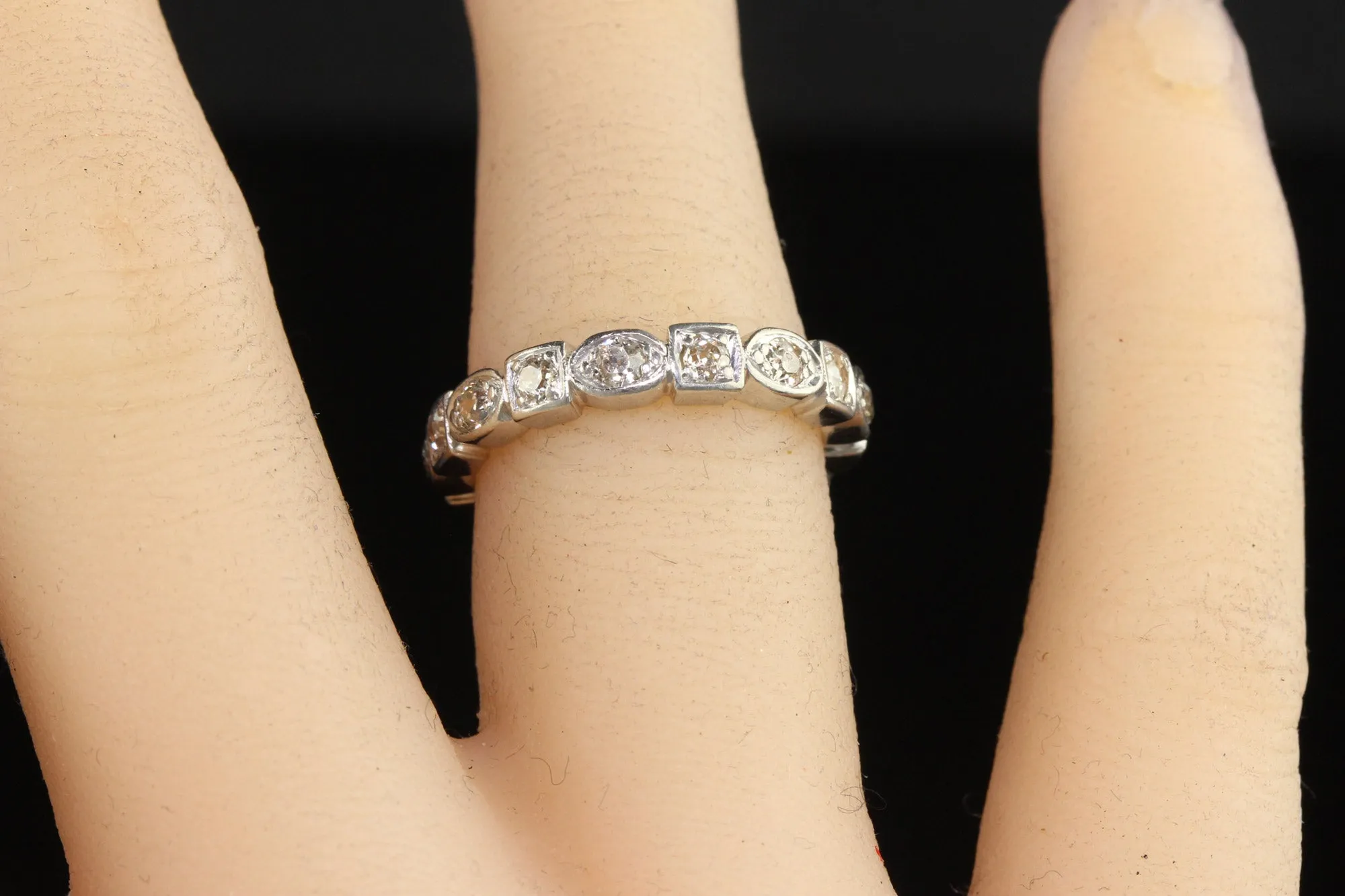 Antique Art Deco Platinum Old Mine Diamond Geometric Eternity Band - Size 6 1/2