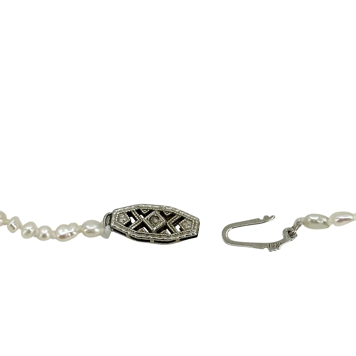 Antique Keshi Seed Pearl Petite Diamond Filigree Deco Necklace- 14K White Gold 17 Inch