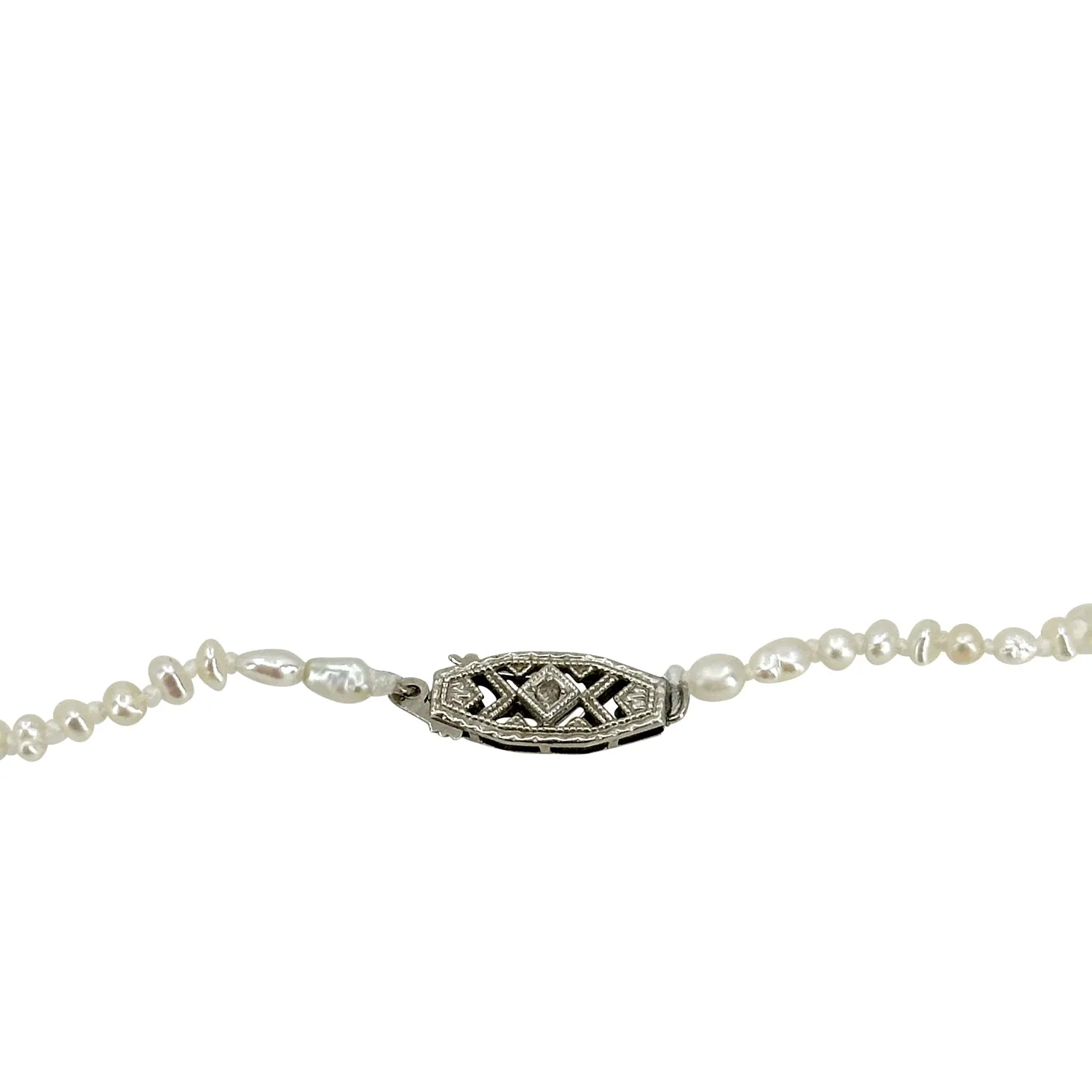 Antique Keshi Seed Pearl Petite Diamond Filigree Deco Necklace- 14K White Gold 17 Inch