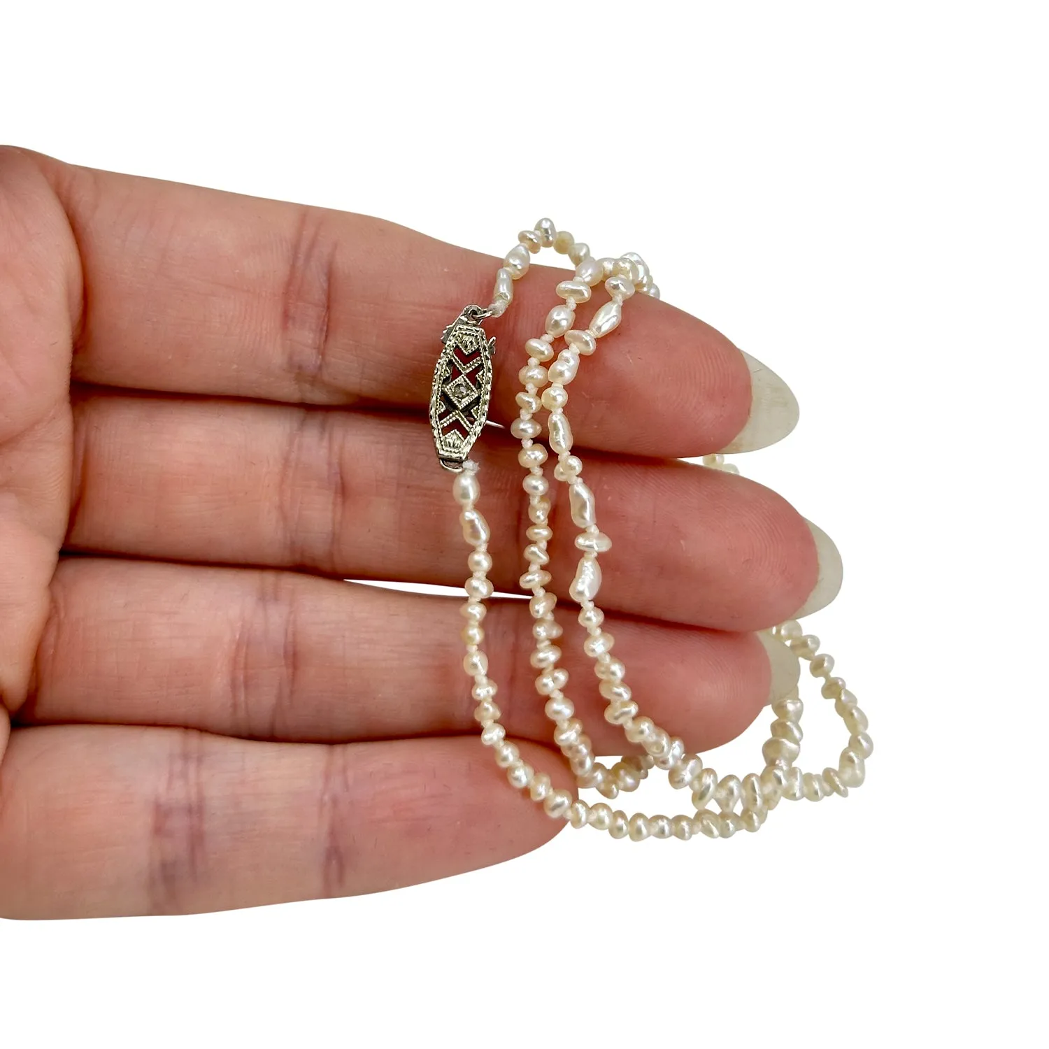 Antique Keshi Seed Pearl Petite Diamond Filigree Deco Necklace- 14K White Gold 17 Inch