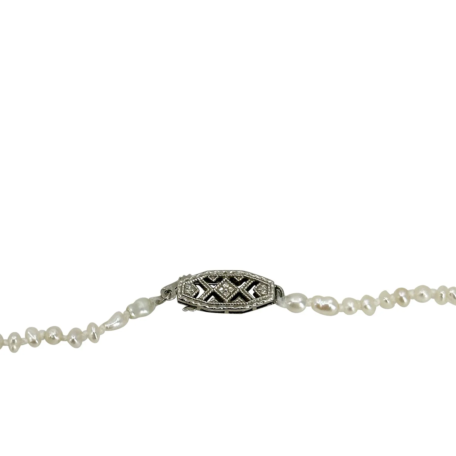 Antique Keshi Seed Pearl Petite Diamond Filigree Deco Necklace- 14K White Gold 17 Inch