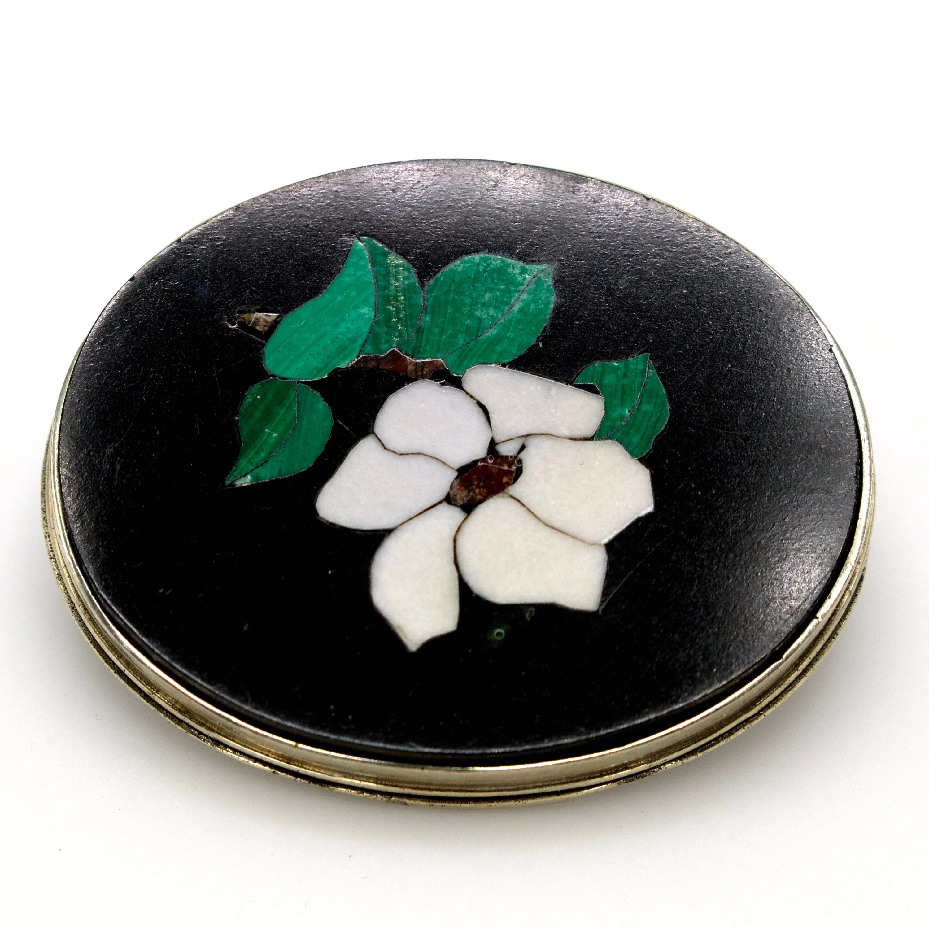 Antique Sterling Silver Pietra Dura Dogwood Flower Agate and Malachite Brooch