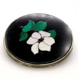 Antique Sterling Silver Pietra Dura Dogwood Flower Agate and Malachite Brooch