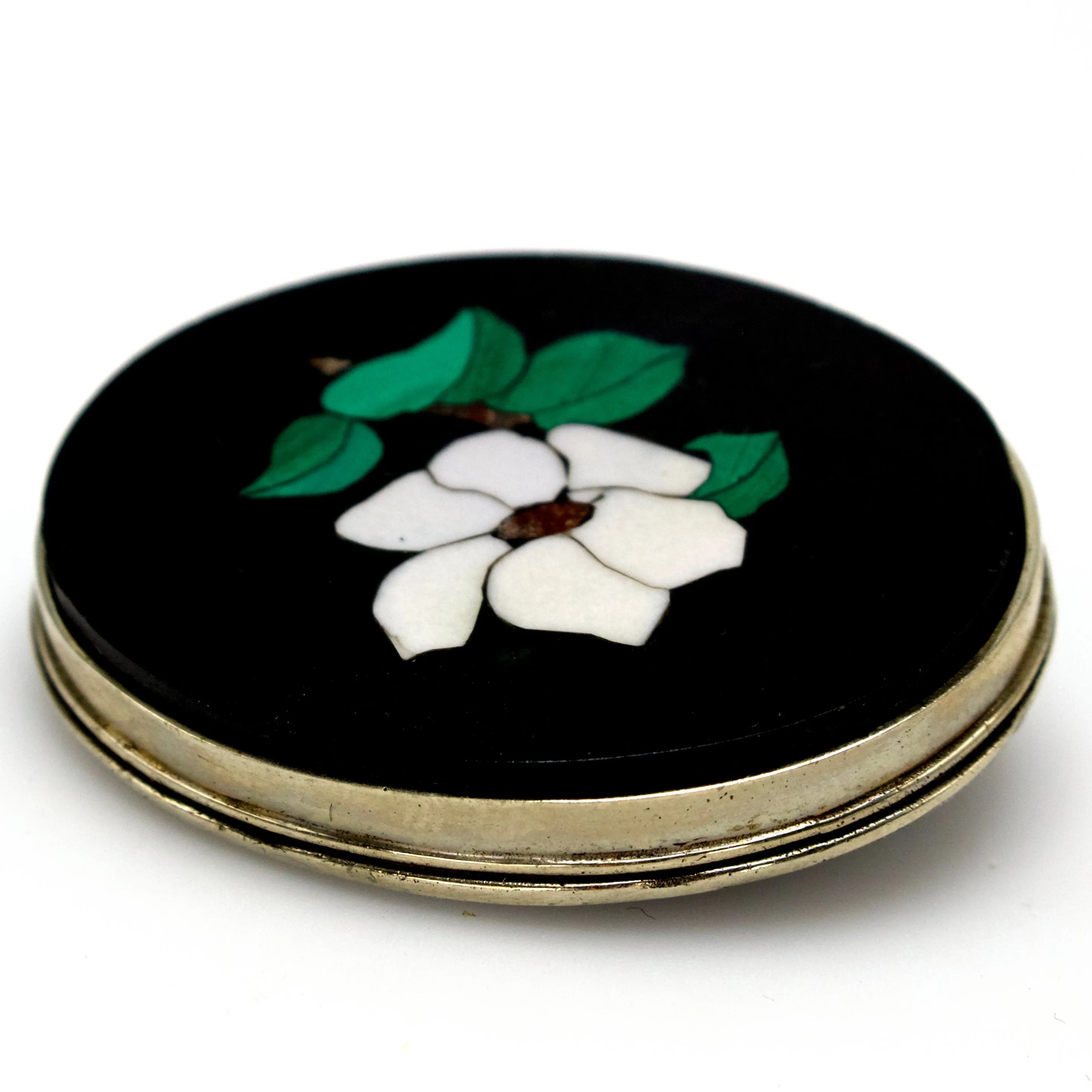 Antique Sterling Silver Pietra Dura Dogwood Flower Agate and Malachite Brooch