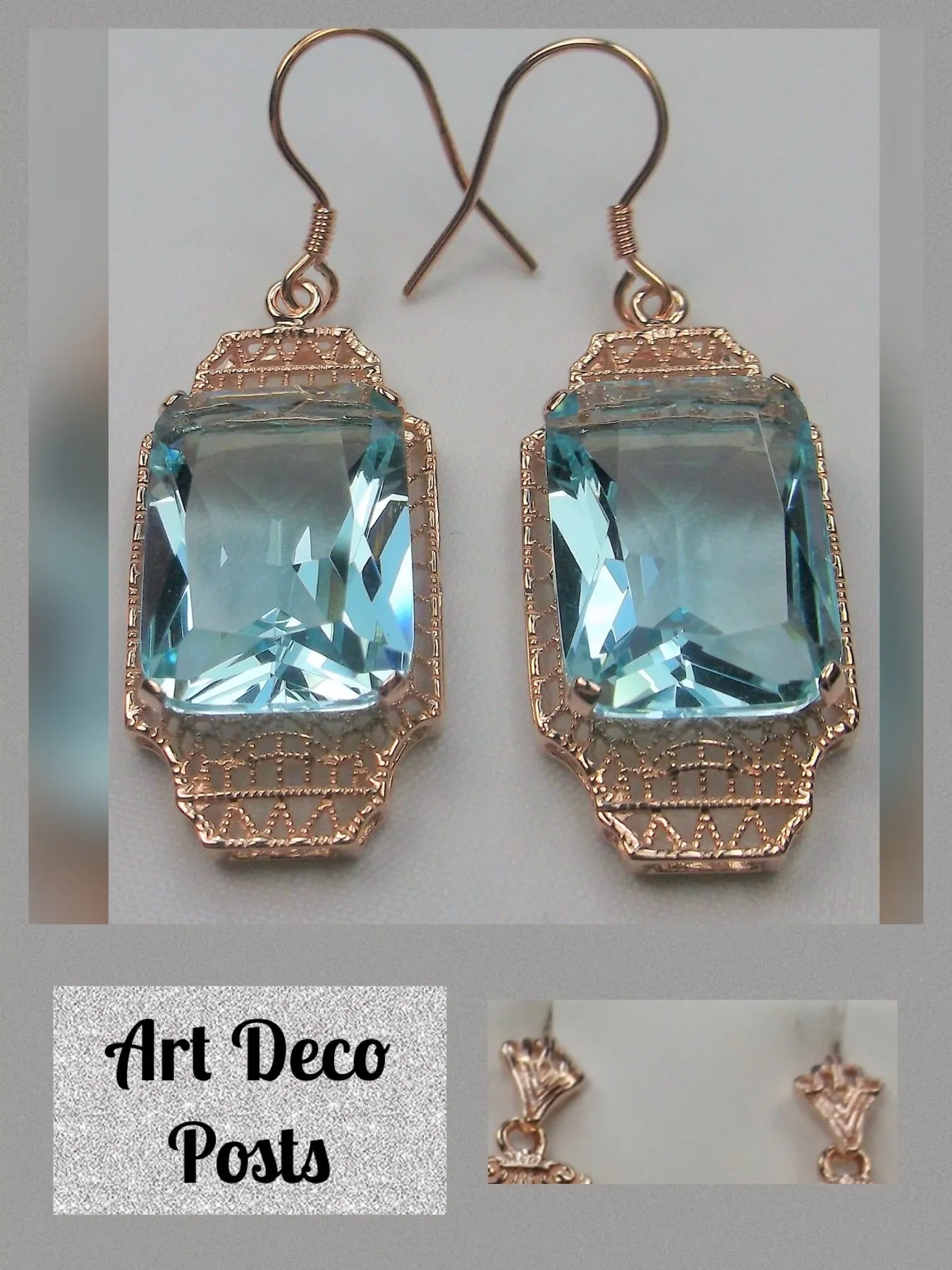 Aquamarine Earrings, Rose Gold Overlay, Rectangle Gems, Art Deco Lantern-style Silver Filigree #E13