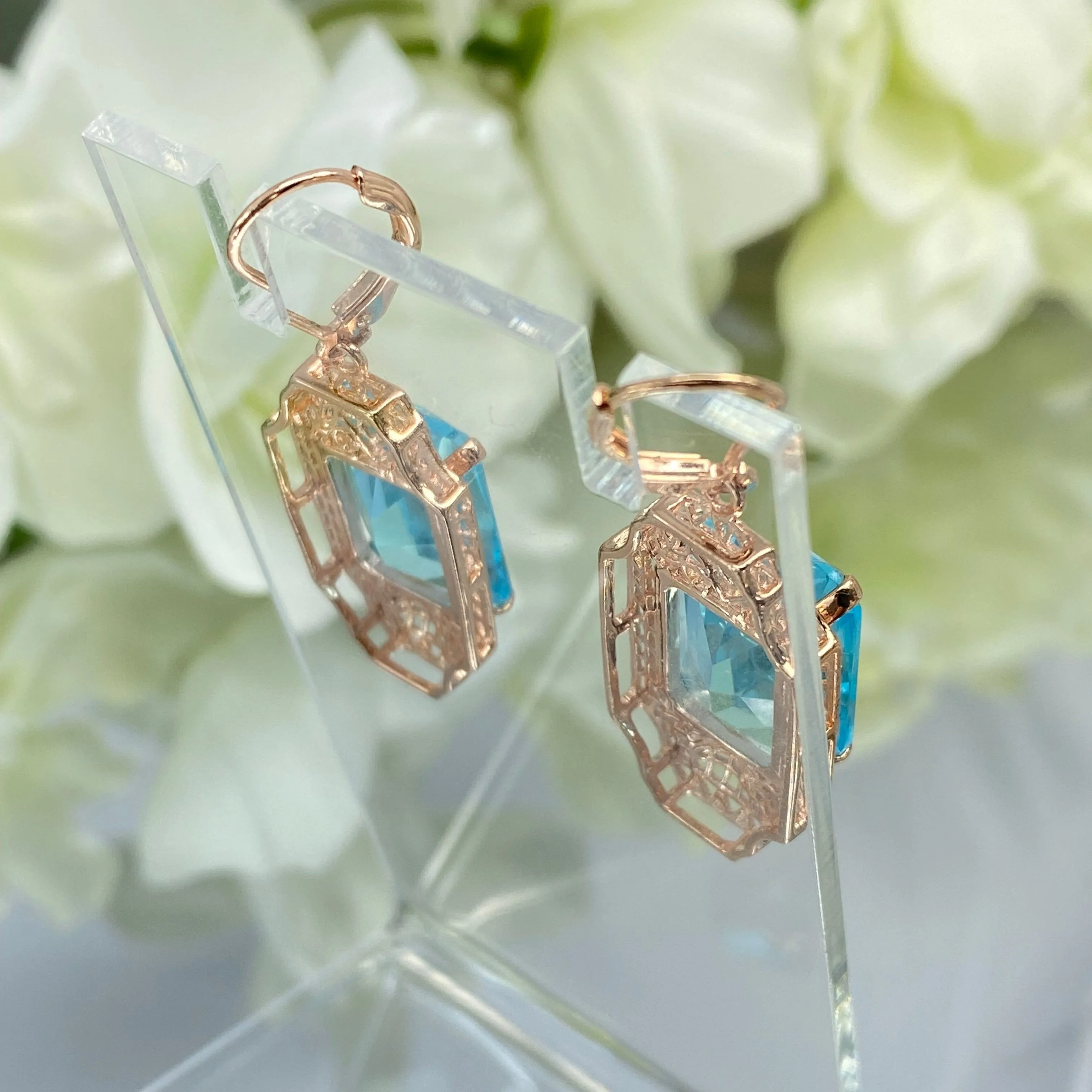 Aquamarine Earrings, Rose Gold Overlay, Rectangle Gems, Art Deco Lantern-style Silver Filigree #E13