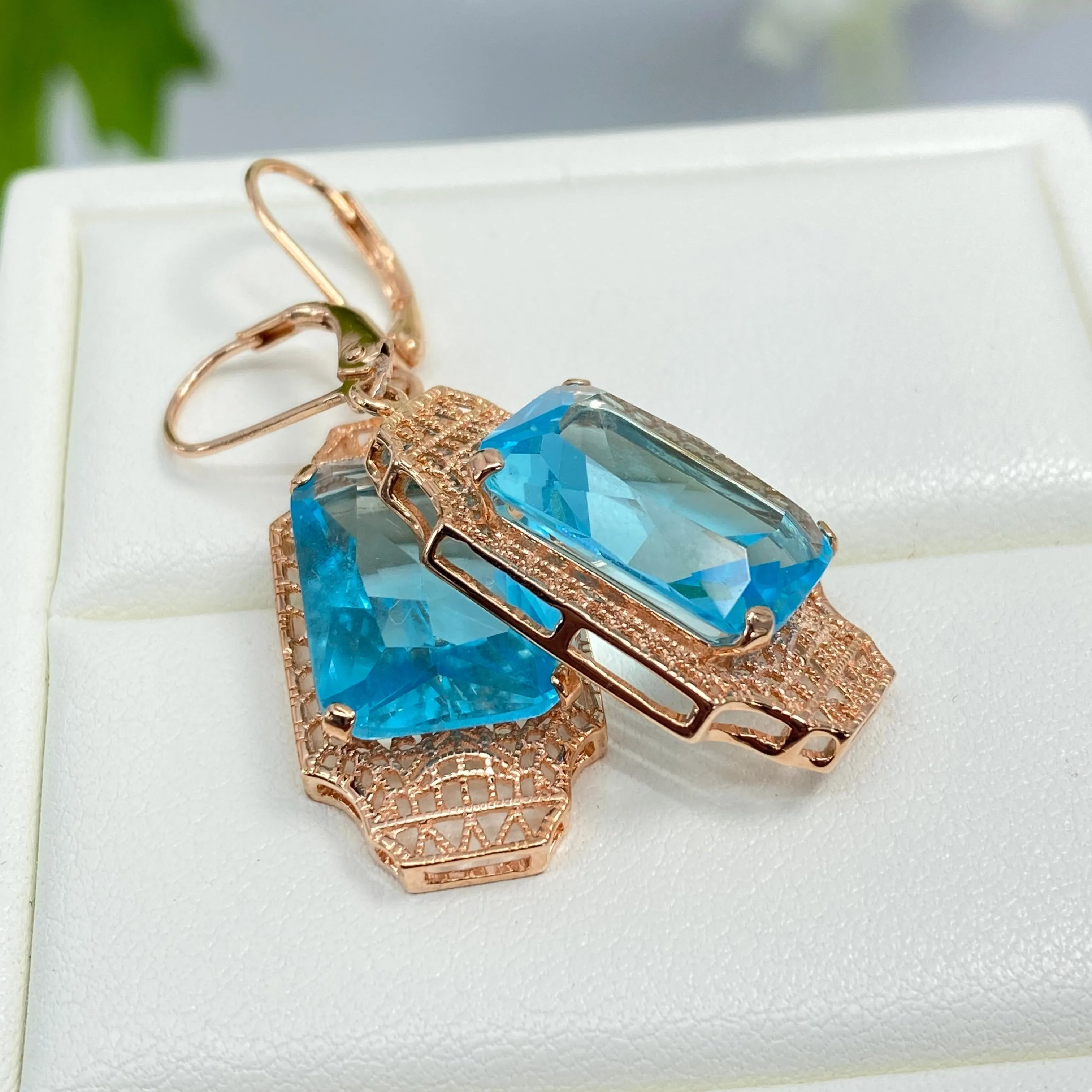 Aquamarine Earrings, Rose Gold Overlay, Rectangle Gems, Art Deco Lantern-style Silver Filigree #E13