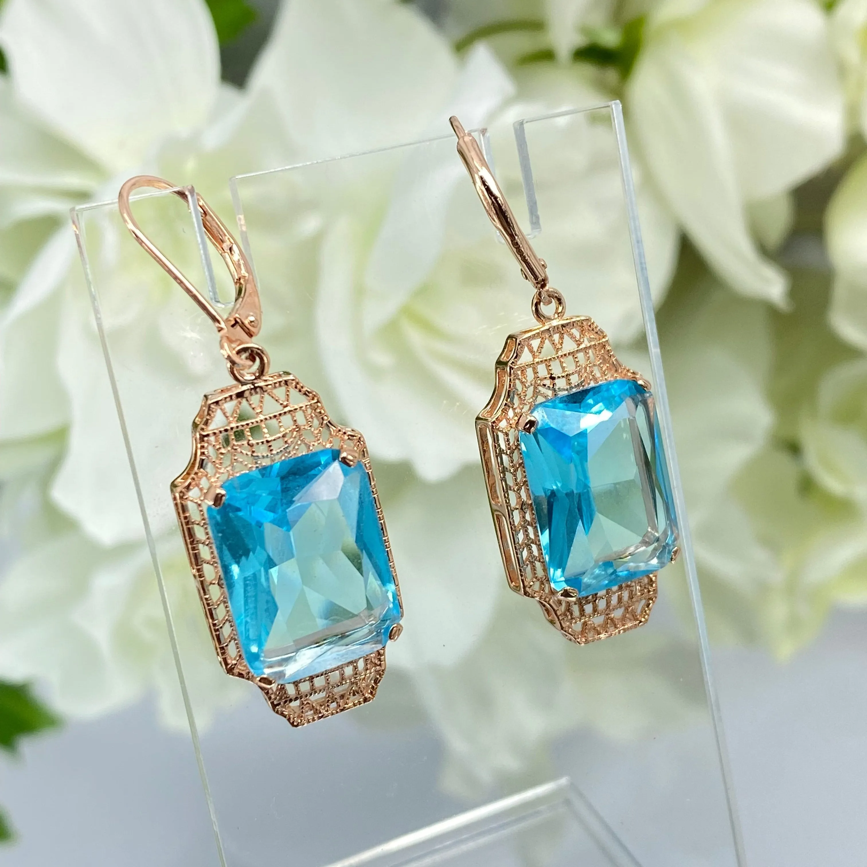 Aquamarine Earrings, Rose Gold Overlay, Rectangle Gems, Art Deco Lantern-style Silver Filigree #E13
