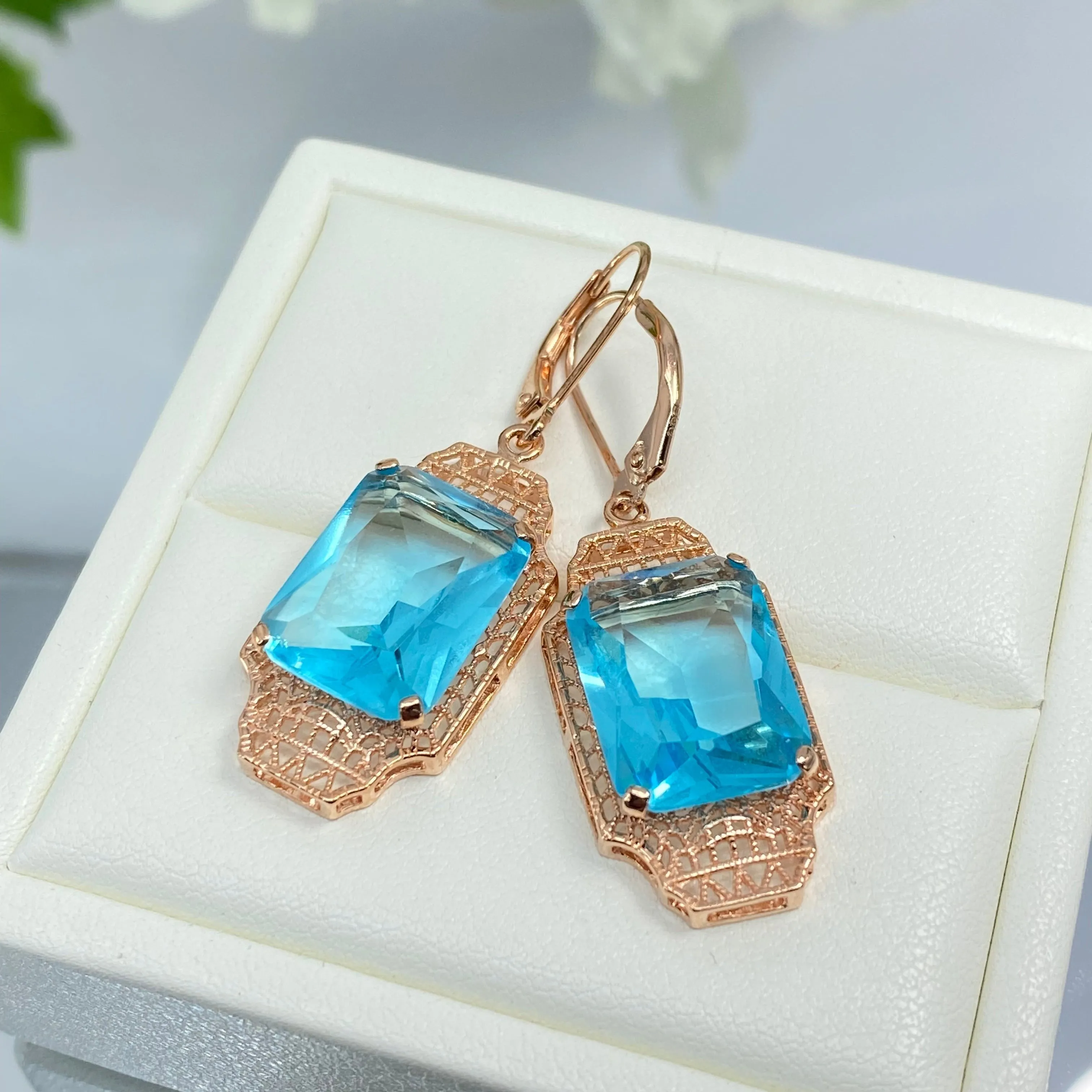 Aquamarine Earrings, Rose Gold Overlay, Rectangle Gems, Art Deco Lantern-style Silver Filigree #E13