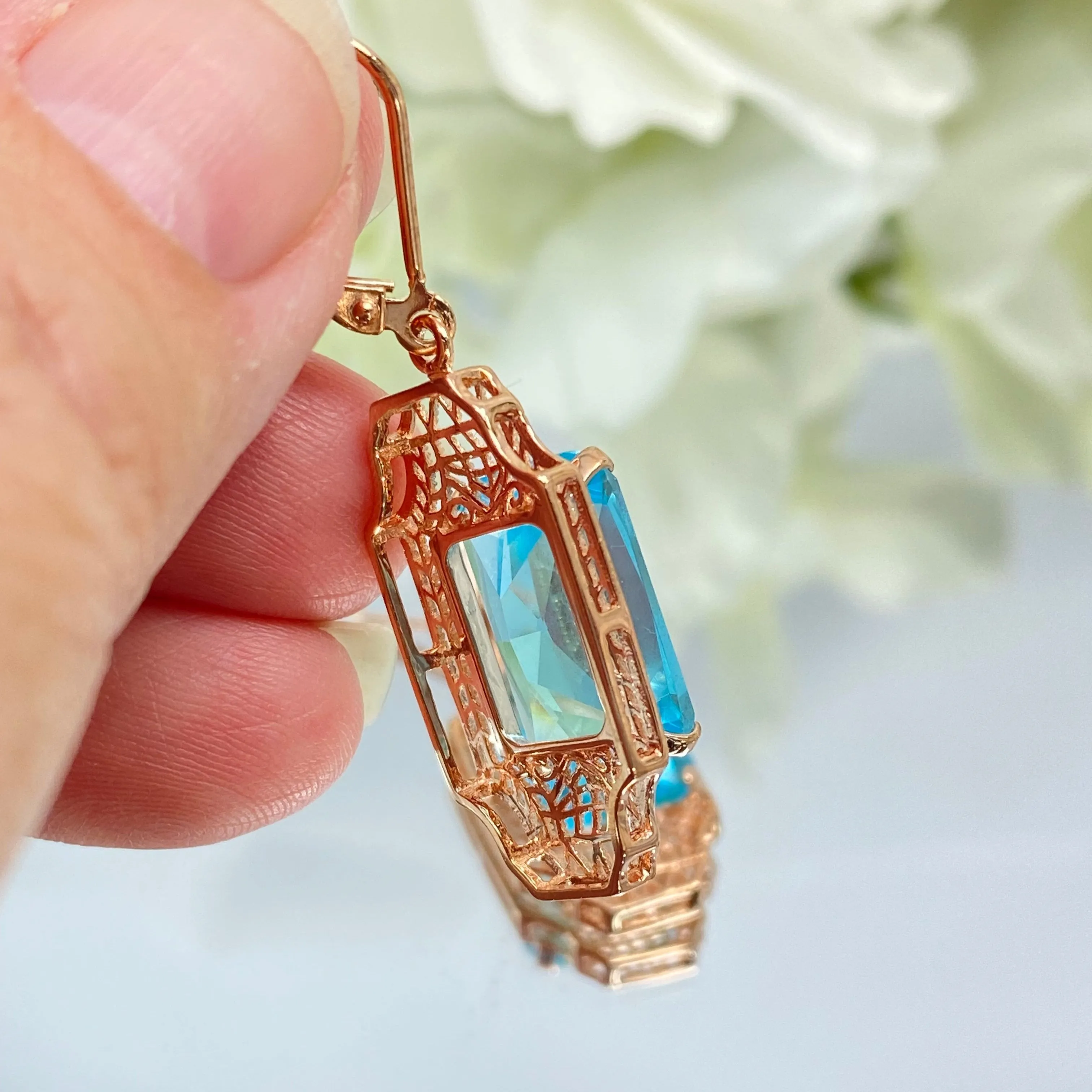 Aquamarine Earrings, Rose Gold Overlay, Rectangle Gems, Art Deco Lantern-style Silver Filigree #E13