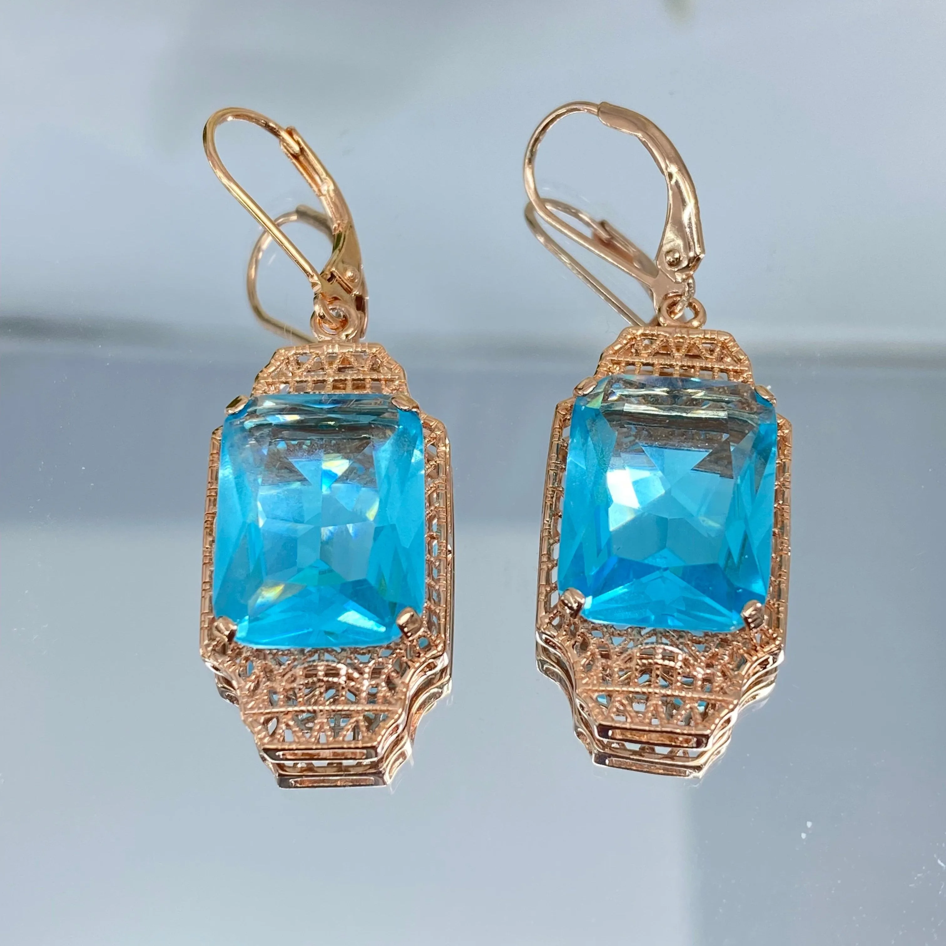 Aquamarine Earrings, Rose Gold Overlay, Rectangle Gems, Art Deco Lantern-style Silver Filigree #E13