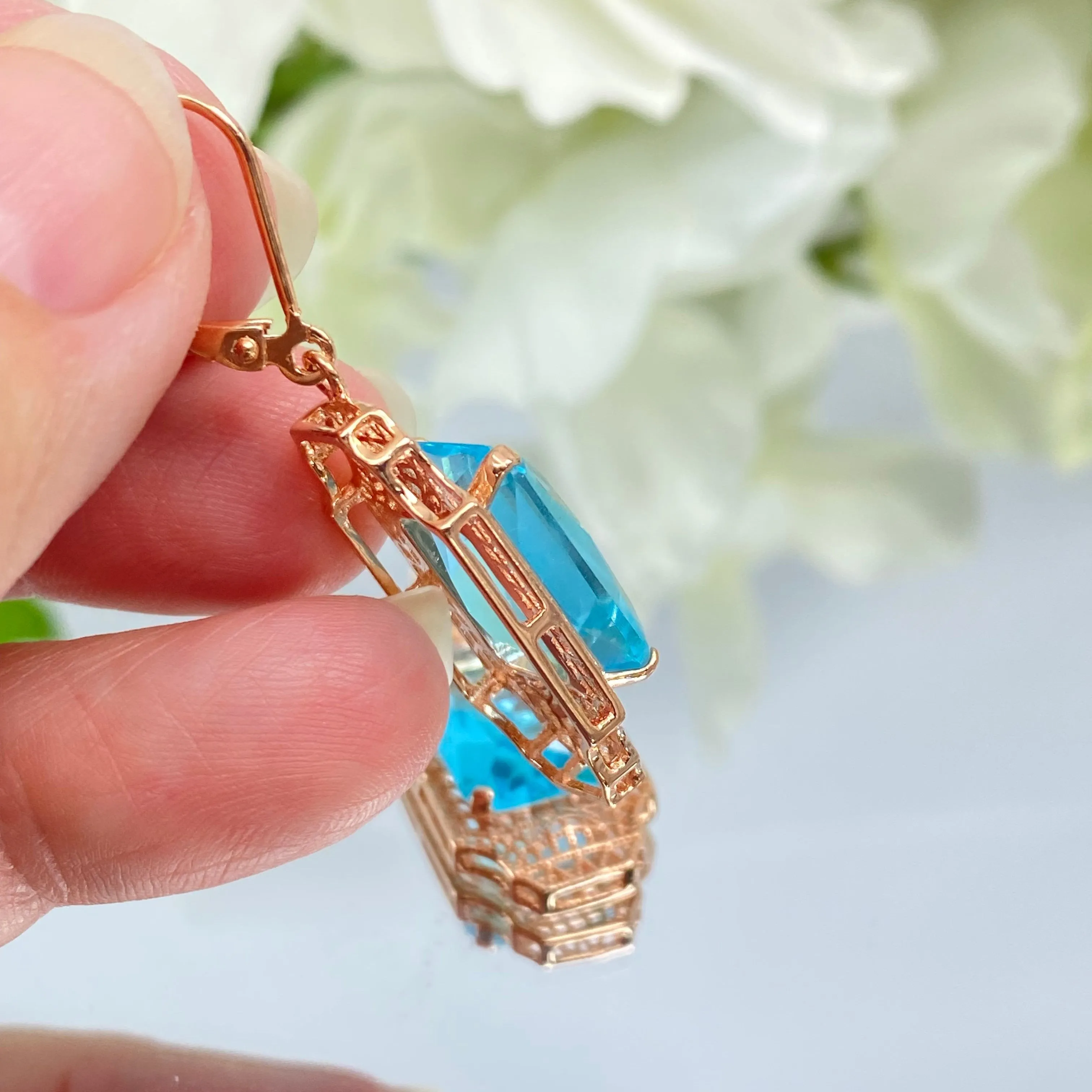 Aquamarine Earrings, Rose Gold Overlay, Rectangle Gems, Art Deco Lantern-style Silver Filigree #E13
