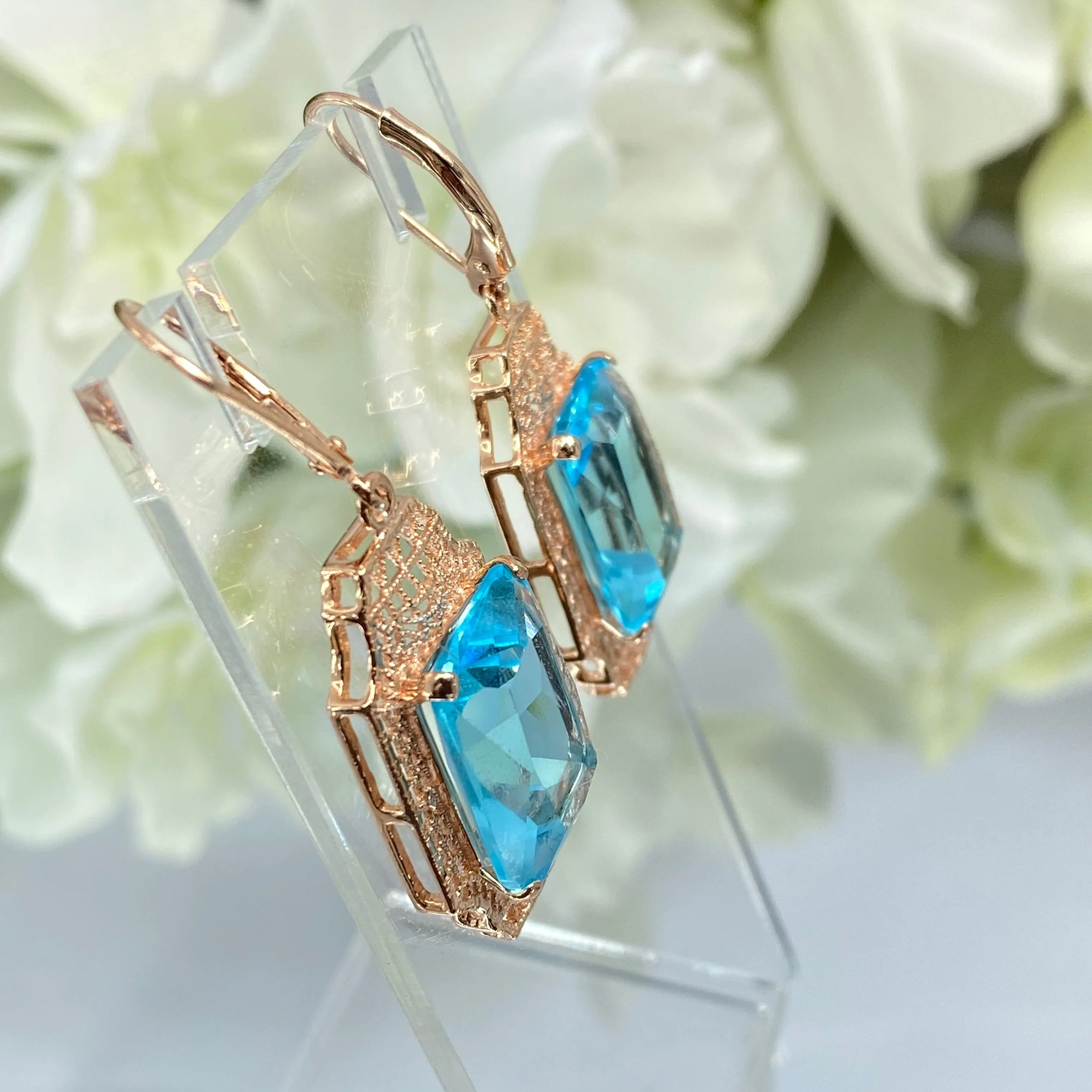 Aquamarine Earrings, Rose Gold Overlay, Rectangle Gems, Art Deco Lantern-style Silver Filigree #E13