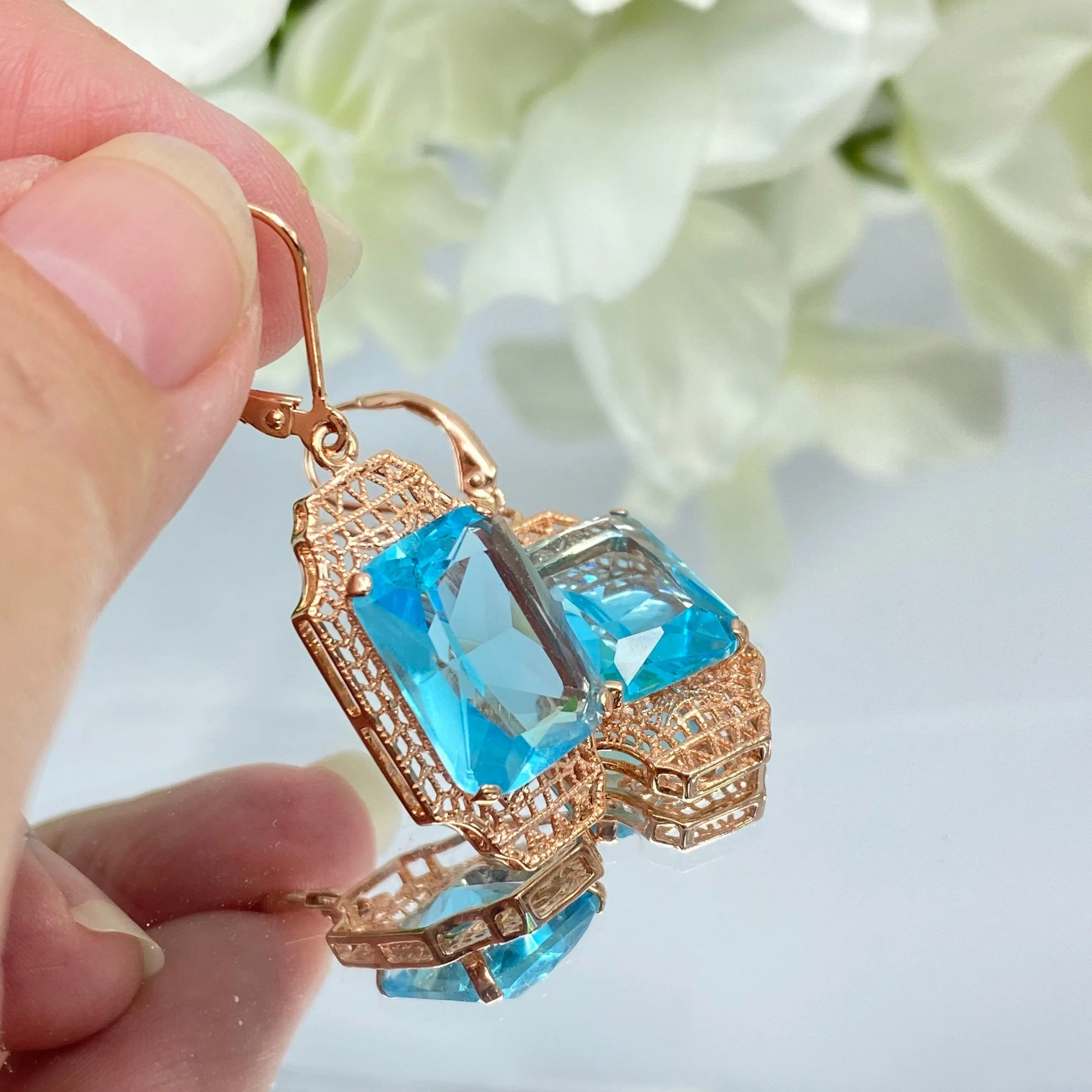Aquamarine Earrings, Rose Gold Overlay, Rectangle Gems, Art Deco Lantern-style Silver Filigree #E13
