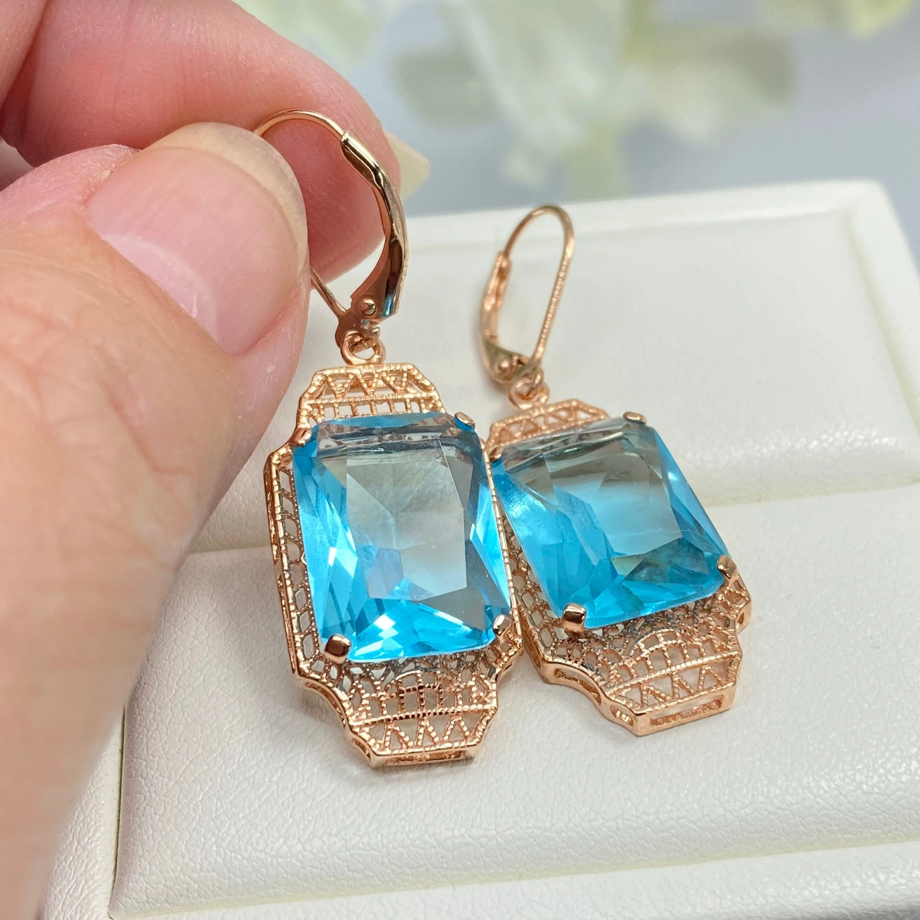 Aquamarine Earrings, Rose Gold Overlay, Rectangle Gems, Art Deco Lantern-style Silver Filigree #E13