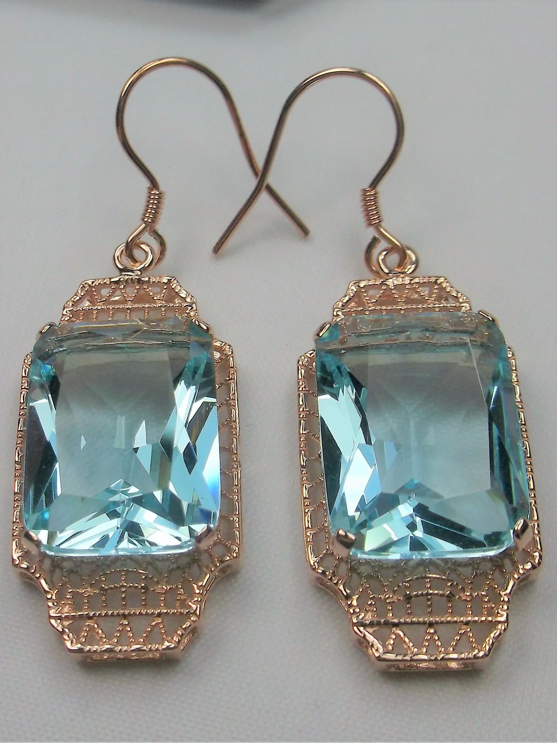 Aquamarine Earrings, Rose Gold Overlay, Rectangle Gems, Art Deco Lantern-style Silver Filigree #E13
