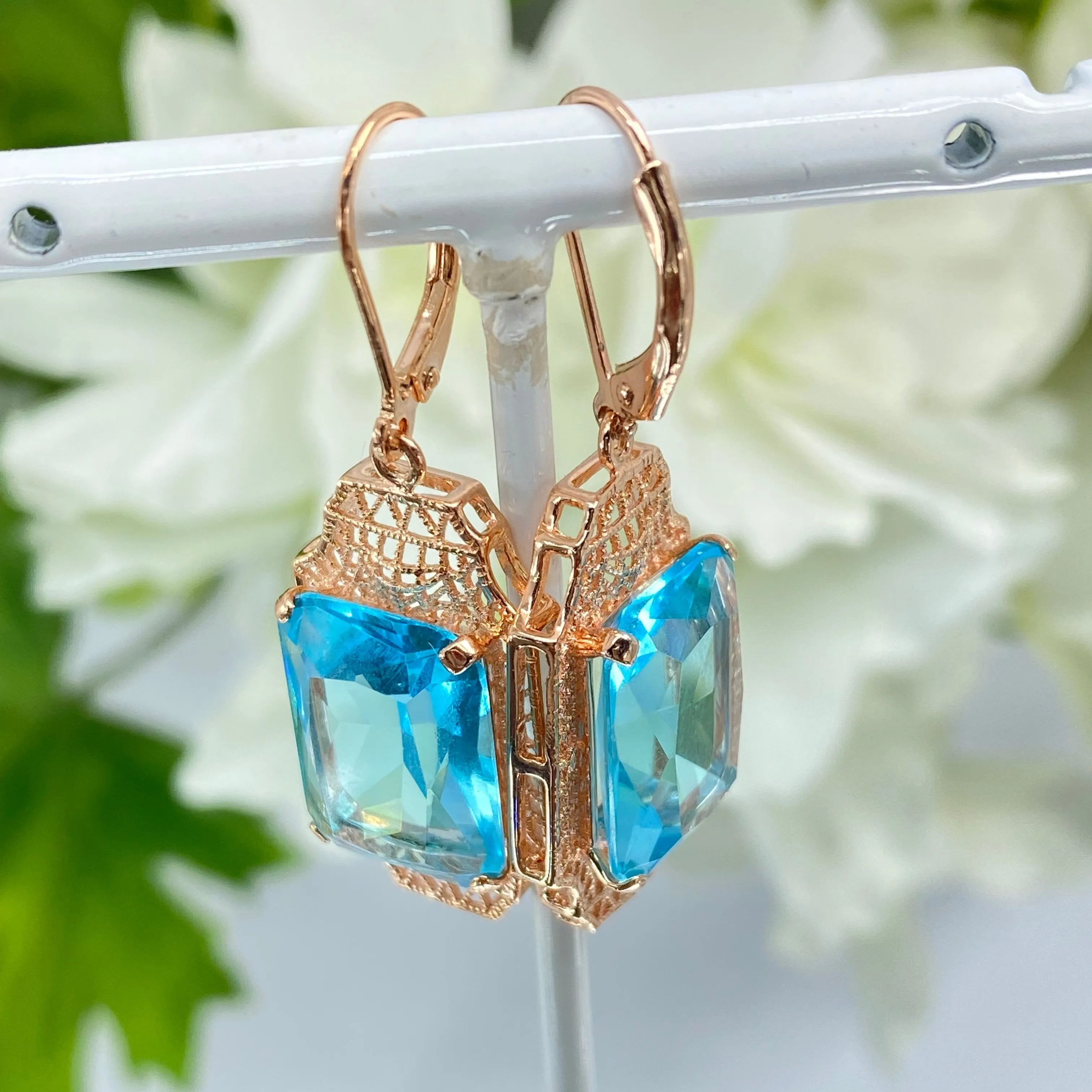 Aquamarine Earrings, Rose Gold Overlay, Rectangle Gems, Art Deco Lantern-style Silver Filigree #E13