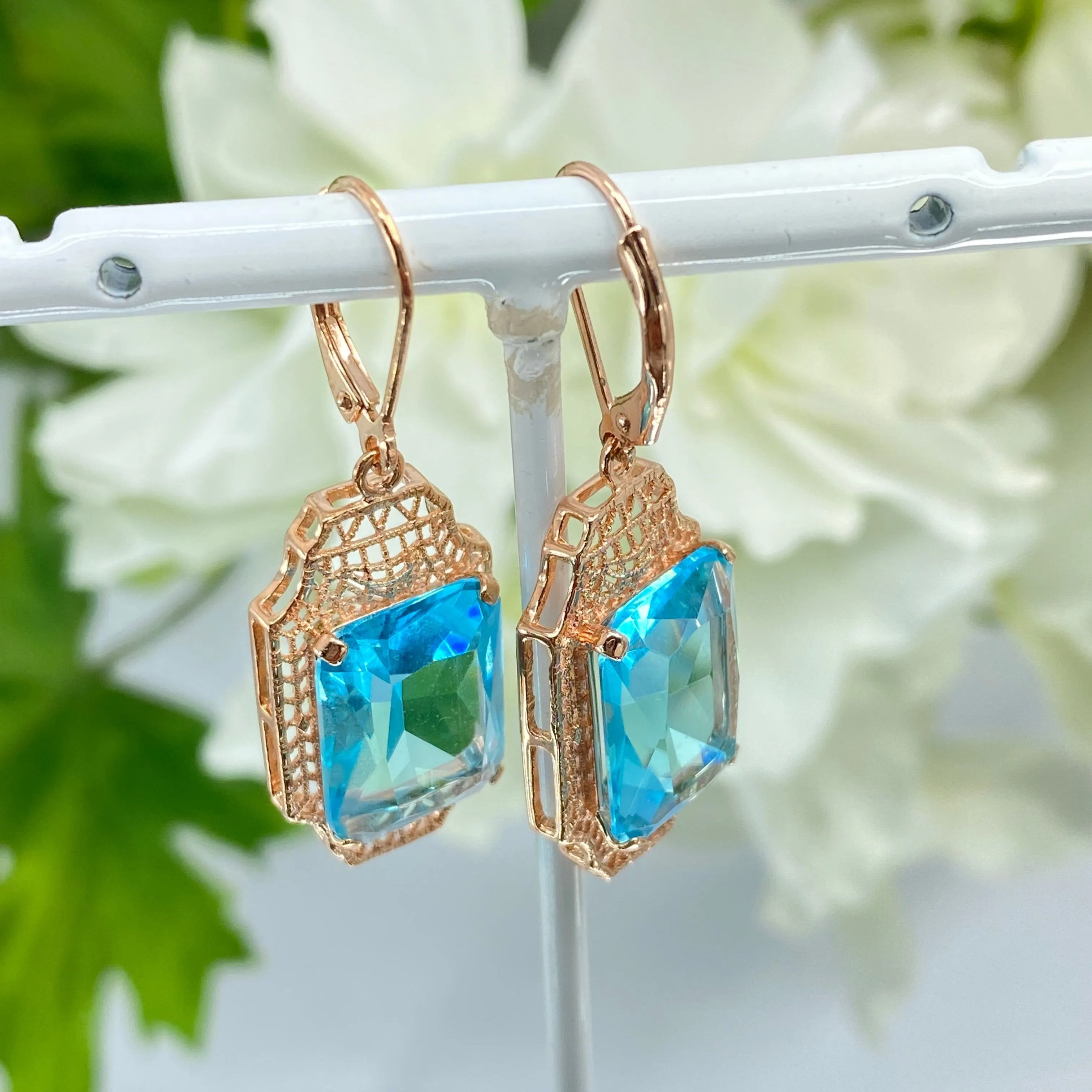 Aquamarine Earrings, Rose Gold Overlay, Rectangle Gems, Art Deco Lantern-style Silver Filigree #E13