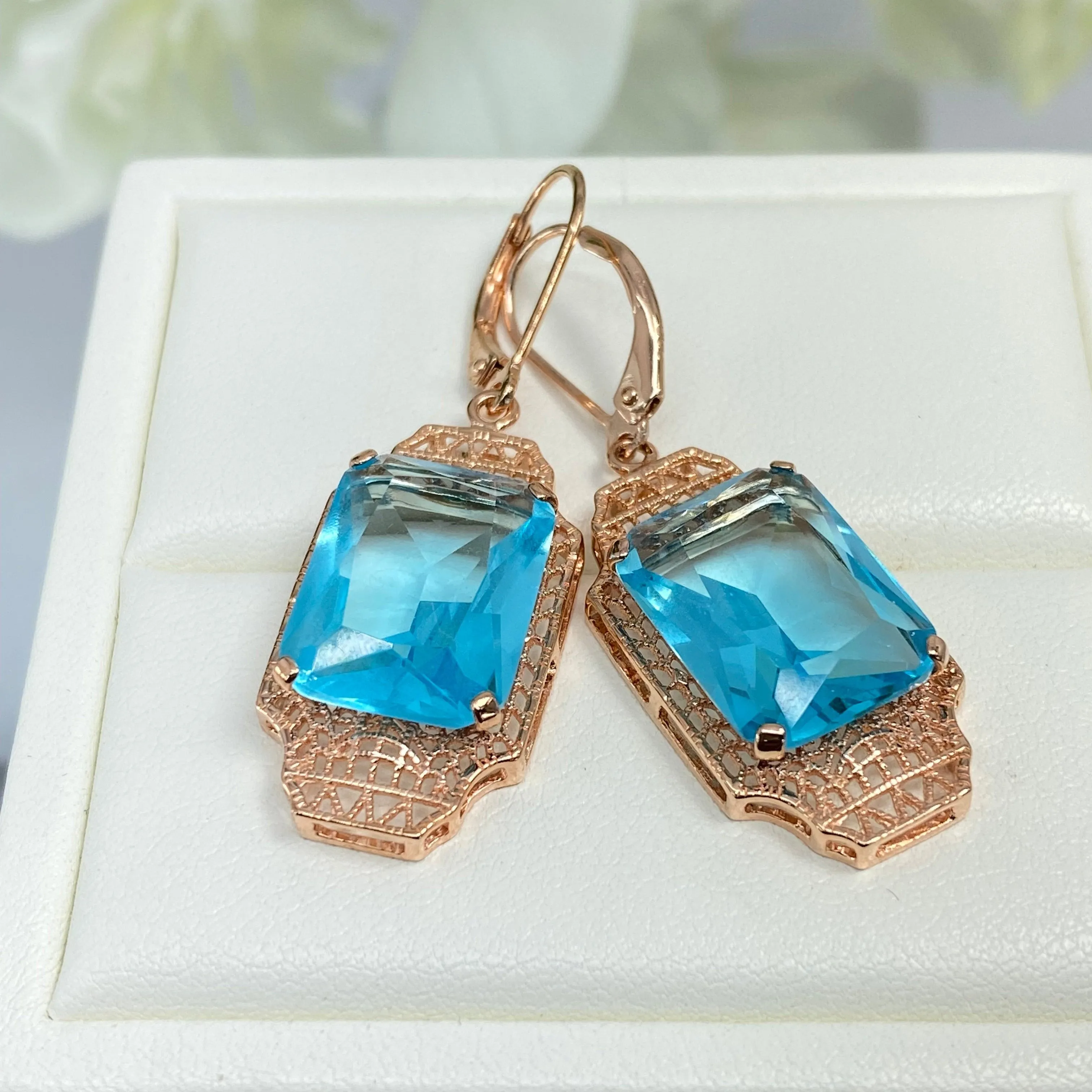 Aquamarine Earrings, Rose Gold Overlay, Rectangle Gems, Art Deco Lantern-style Silver Filigree #E13