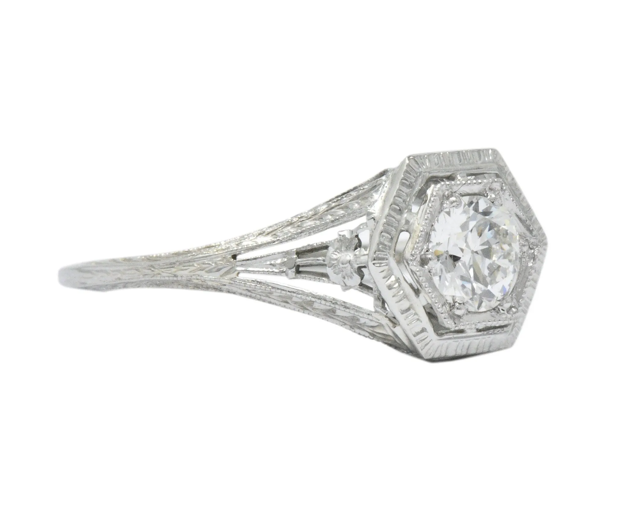 Art Deco 0.51 CTW Diamond 18 Karat White Gold Octagonal Halo Engagement Ring