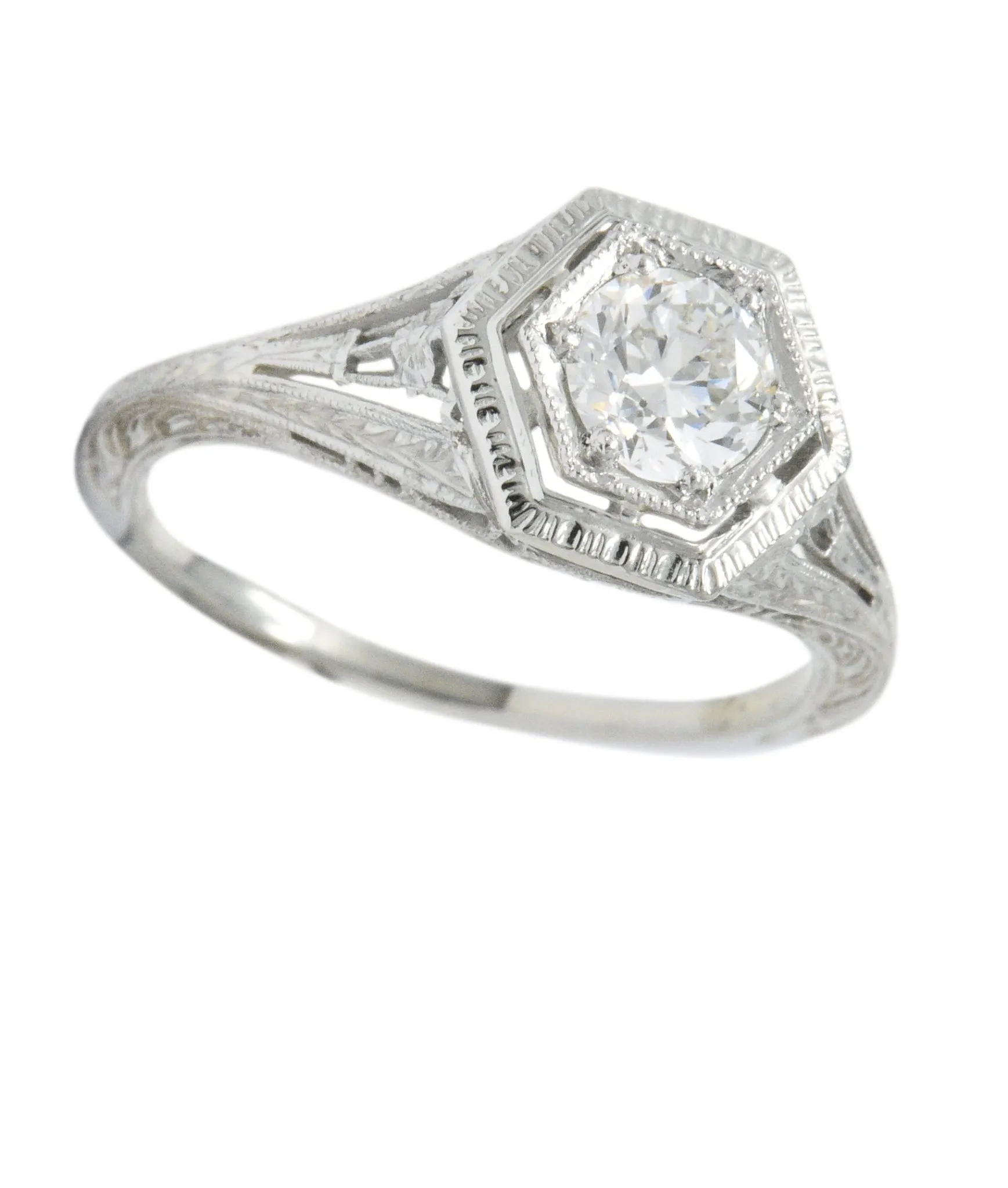 Art Deco 0.51 CTW Diamond 18 Karat White Gold Octagonal Halo Engagement Ring