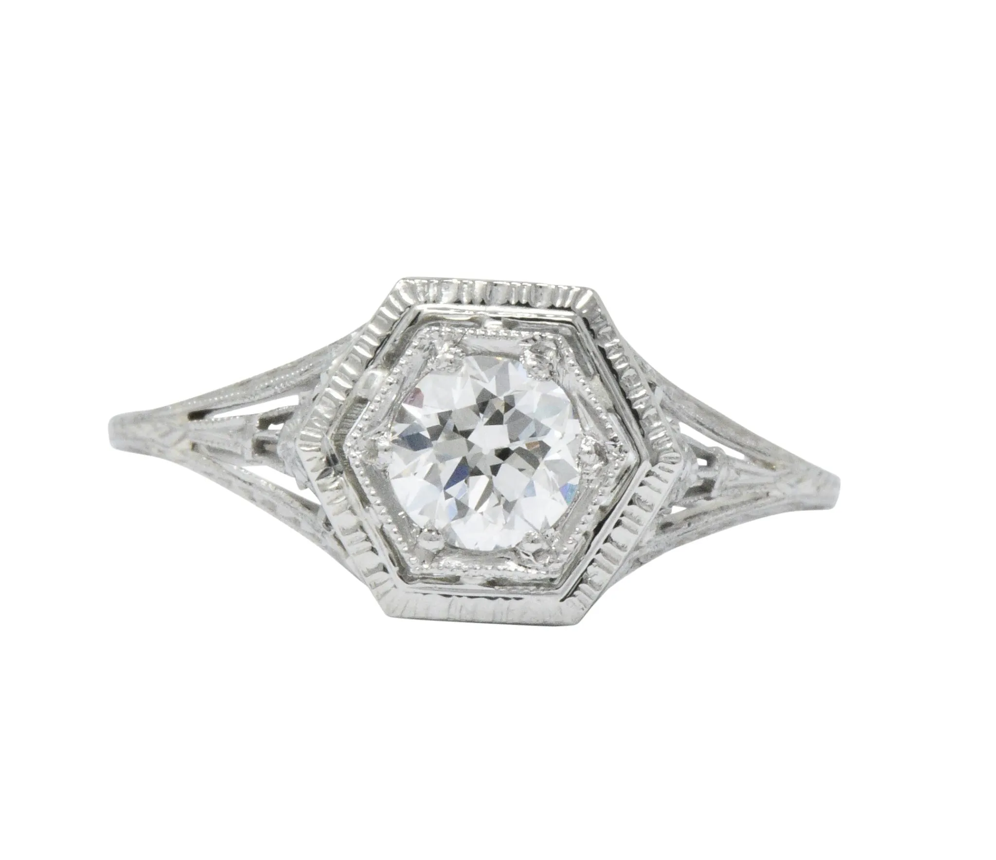 Art Deco 0.51 CTW Diamond 18 Karat White Gold Octagonal Halo Engagement Ring