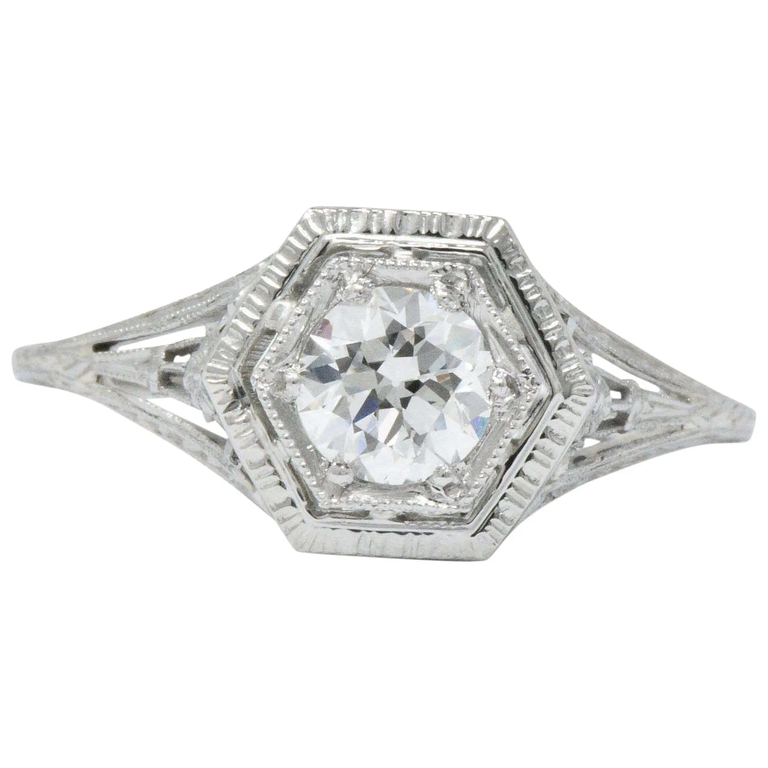 Art Deco 0.51 CTW Diamond 18 Karat White Gold Octagonal Halo Engagement Ring