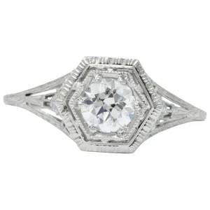 Art Deco 0.51 CTW Diamond 18 Karat White Gold Octagonal Halo Engagement Ring