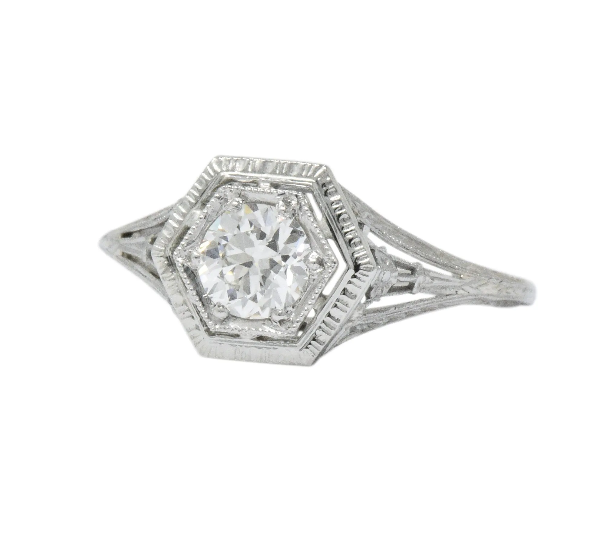 Art Deco 0.51 CTW Diamond 18 Karat White Gold Octagonal Halo Engagement Ring