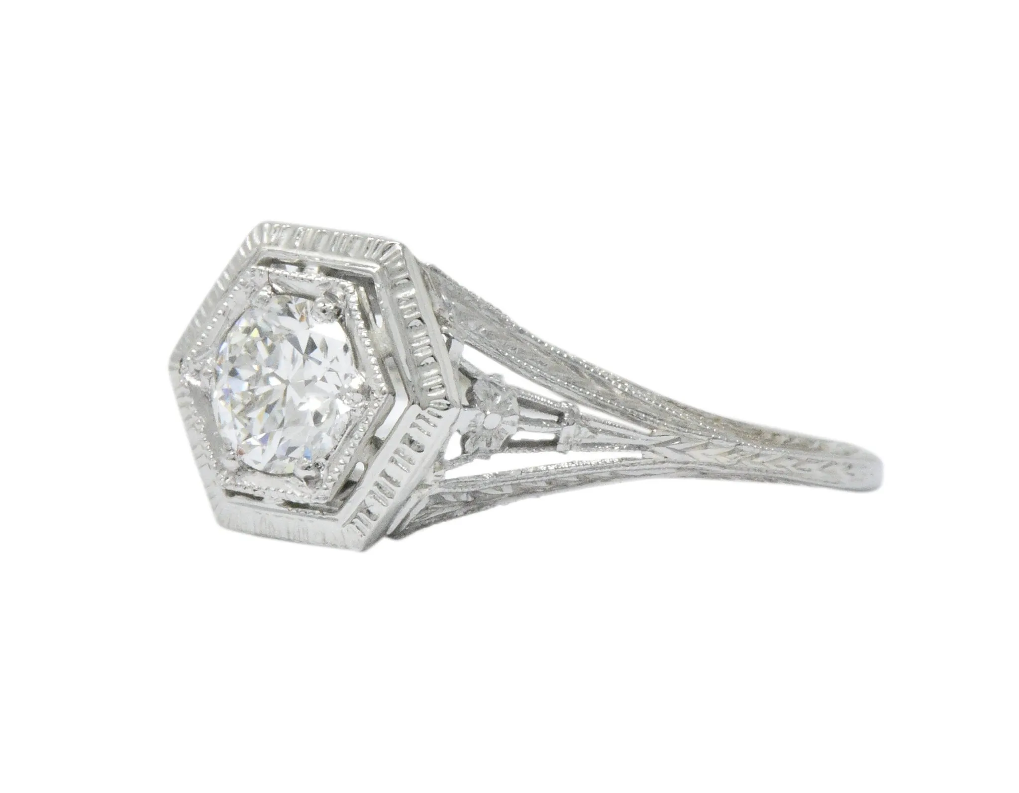 Art Deco 0.51 CTW Diamond 18 Karat White Gold Octagonal Halo Engagement Ring