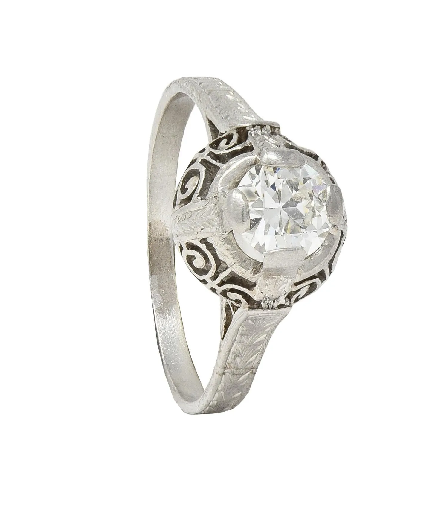 Art Deco 0.52 Carat Transitional Diamond Platinum Vintage Scrolled Wheat Engagement Ring