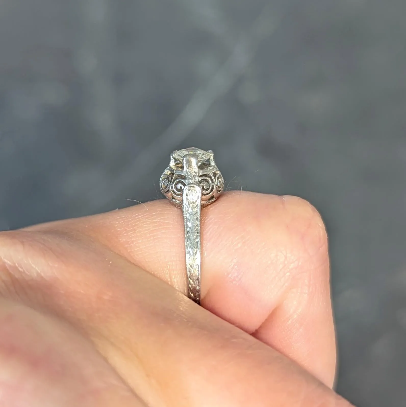 Art Deco 0.52 Carat Transitional Diamond Platinum Vintage Scrolled Wheat Engagement Ring