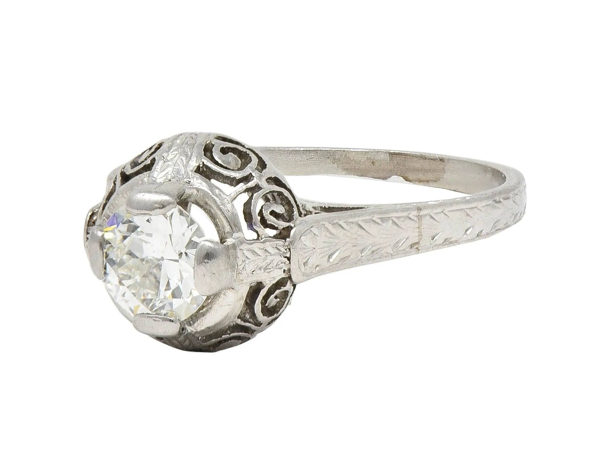 Art Deco 0.52 Carat Transitional Diamond Platinum Vintage Scrolled Wheat Engagement Ring