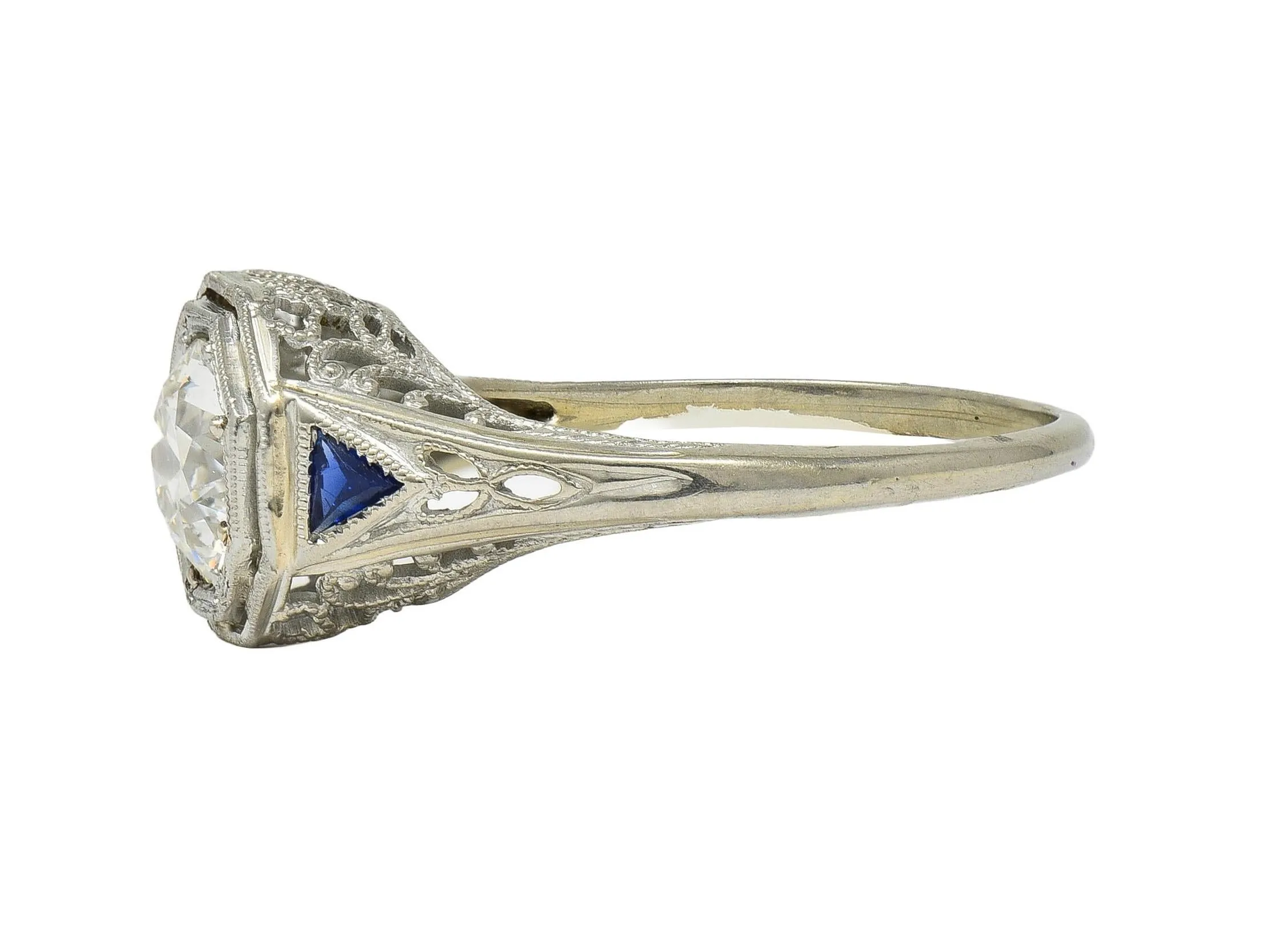 Art Deco 0.91 CTW Old European Diamond Sapphire 18 Karat White Gold Vintage Lotus Engagement Ring GIA