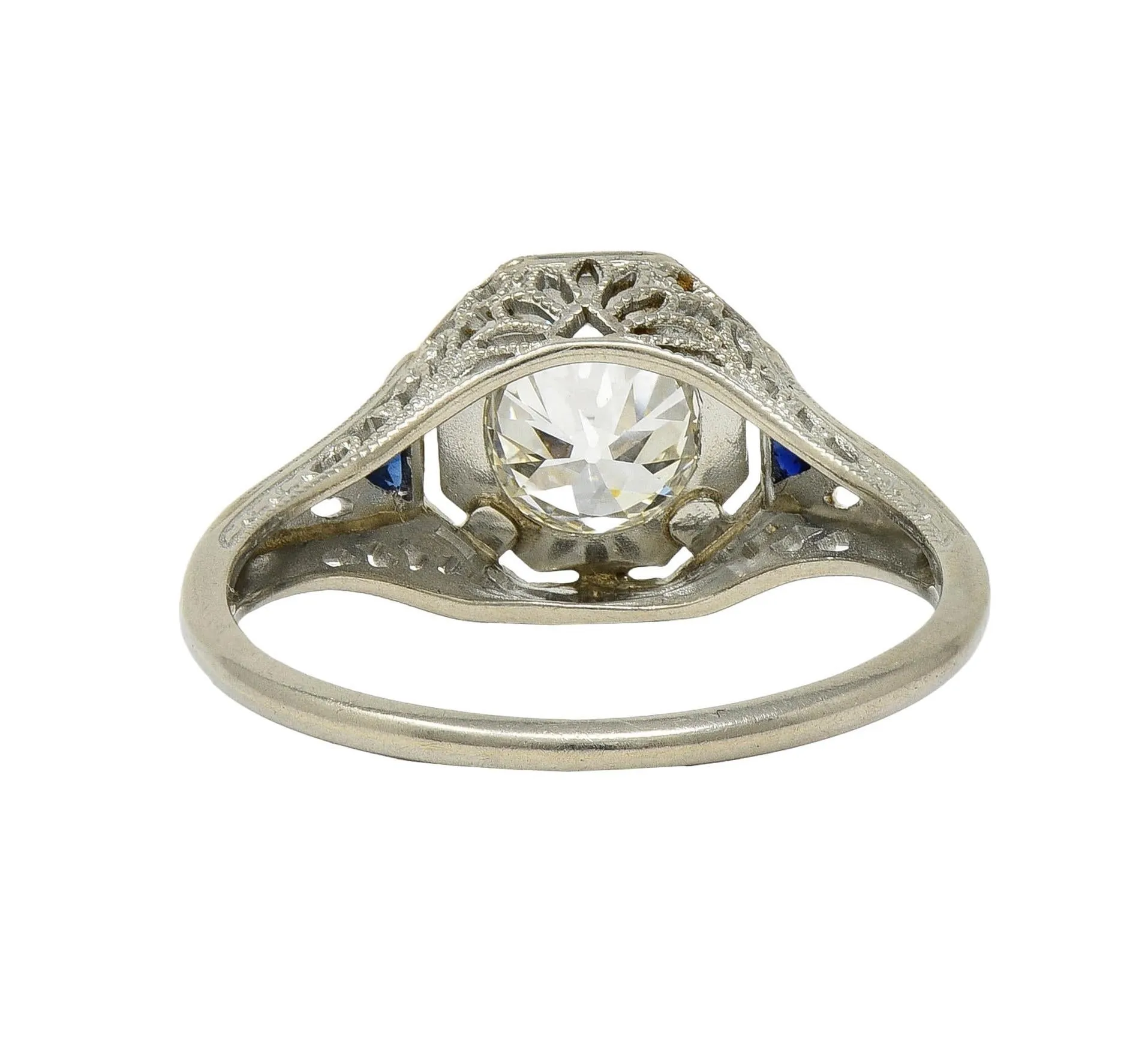 Art Deco 0.91 CTW Old European Diamond Sapphire 18 Karat White Gold Vintage Lotus Engagement Ring GIA