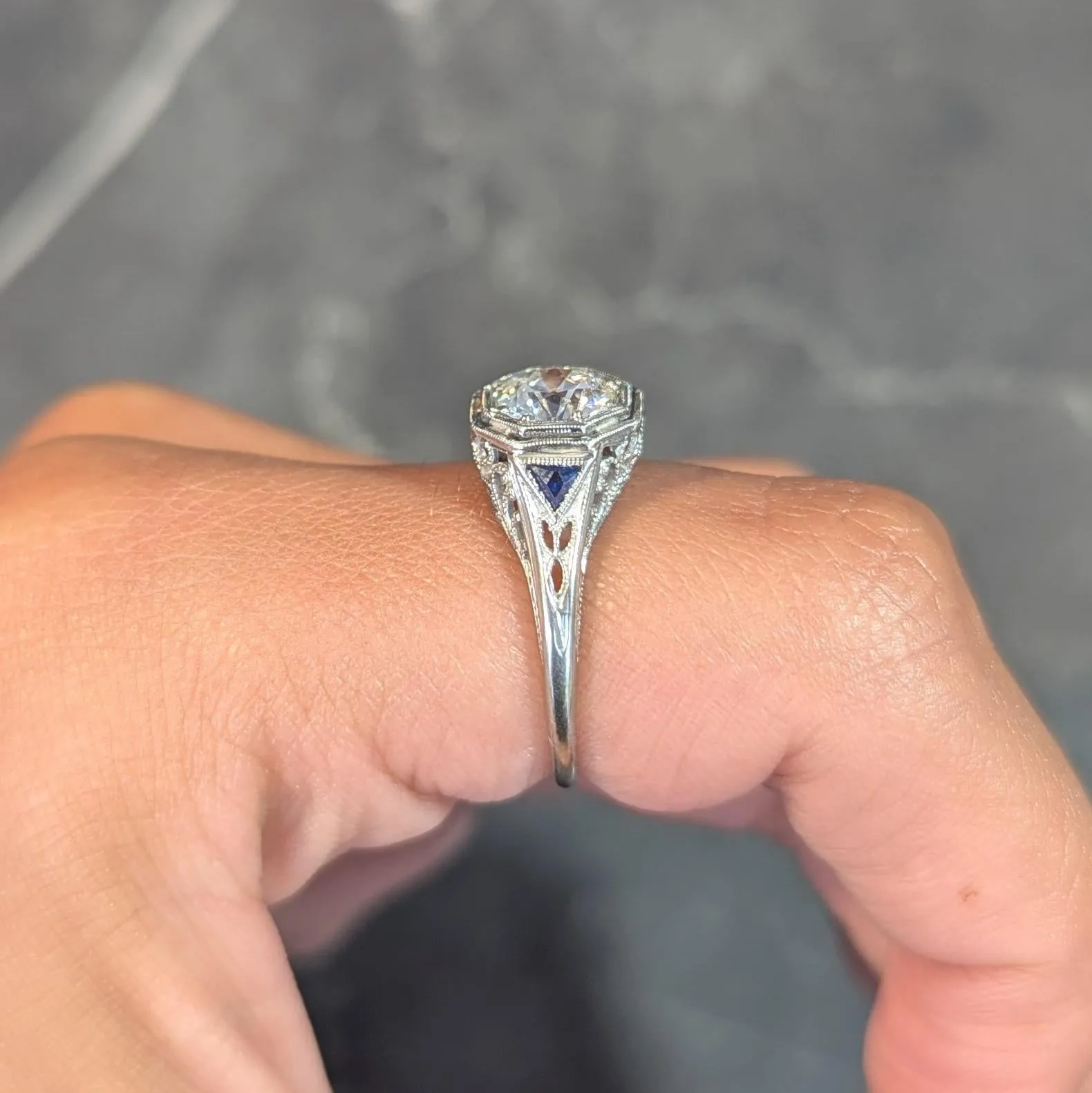 Art Deco 0.91 CTW Old European Diamond Sapphire 18 Karat White Gold Vintage Lotus Engagement Ring GIA