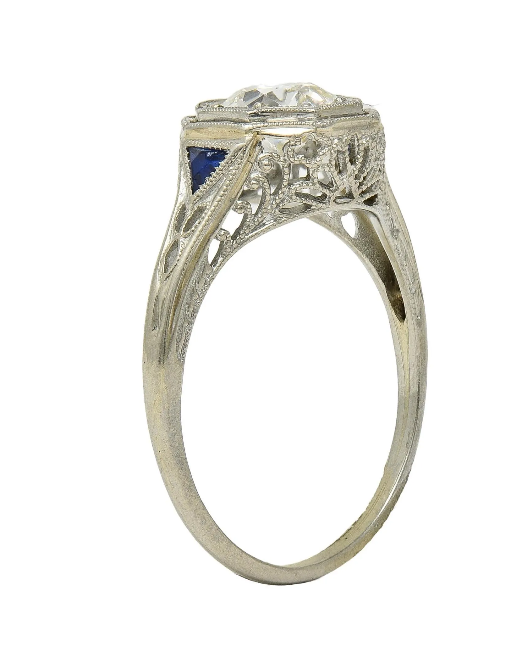 Art Deco 0.91 CTW Old European Diamond Sapphire 18 Karat White Gold Vintage Lotus Engagement Ring GIA