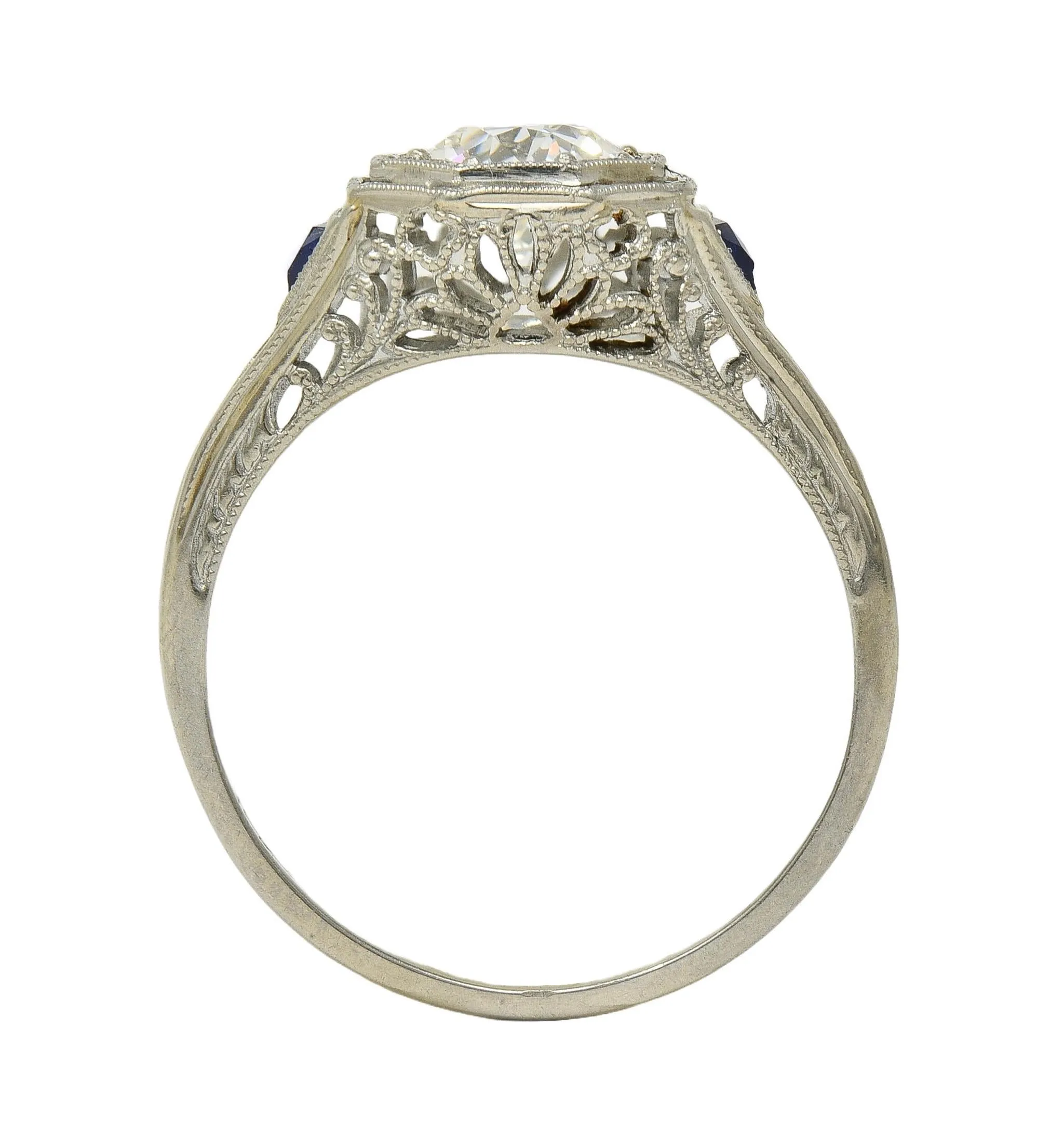Art Deco 0.91 CTW Old European Diamond Sapphire 18 Karat White Gold Vintage Lotus Engagement Ring GIA
