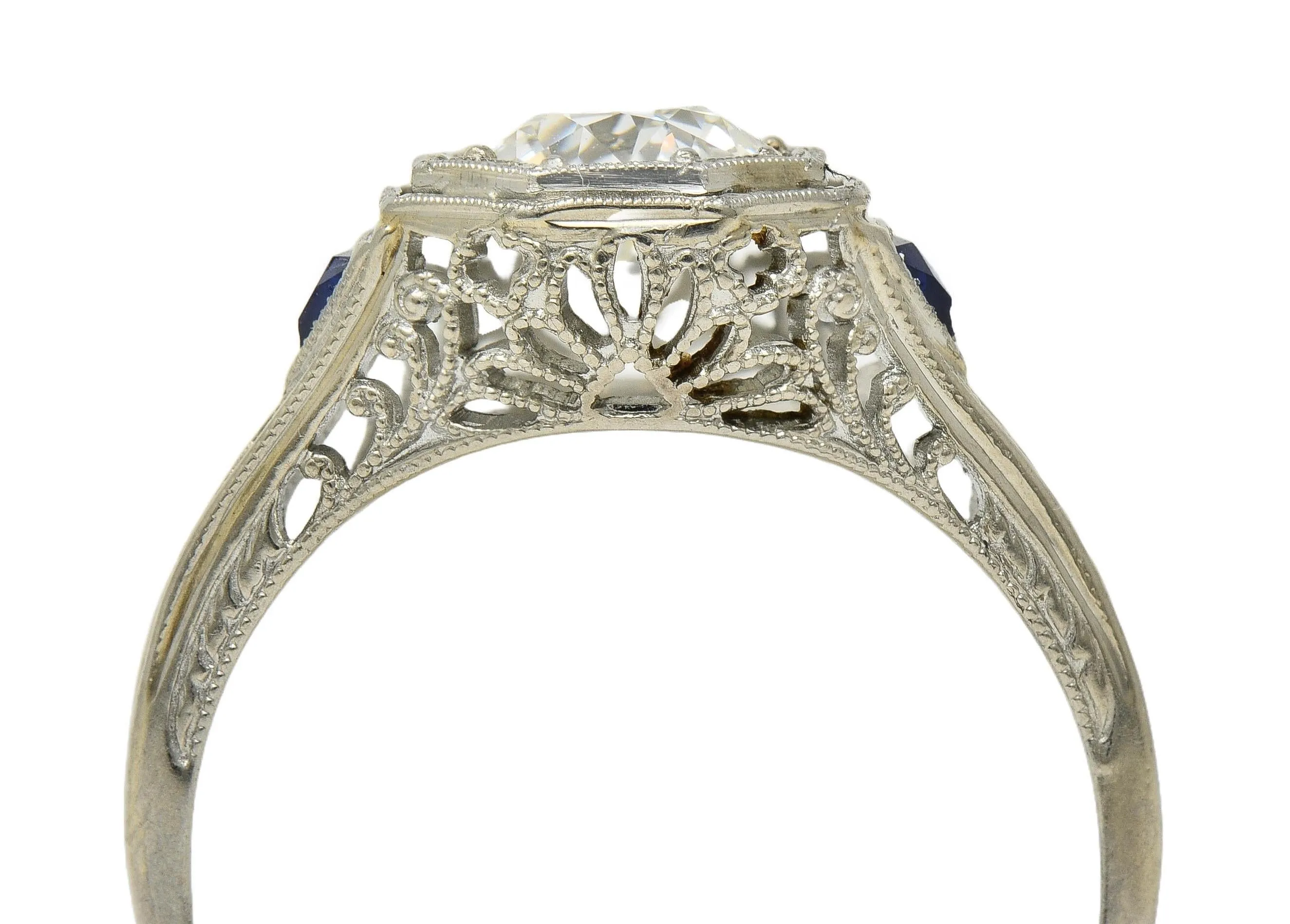 Art Deco 0.91 CTW Old European Diamond Sapphire 18 Karat White Gold Vintage Lotus Engagement Ring GIA