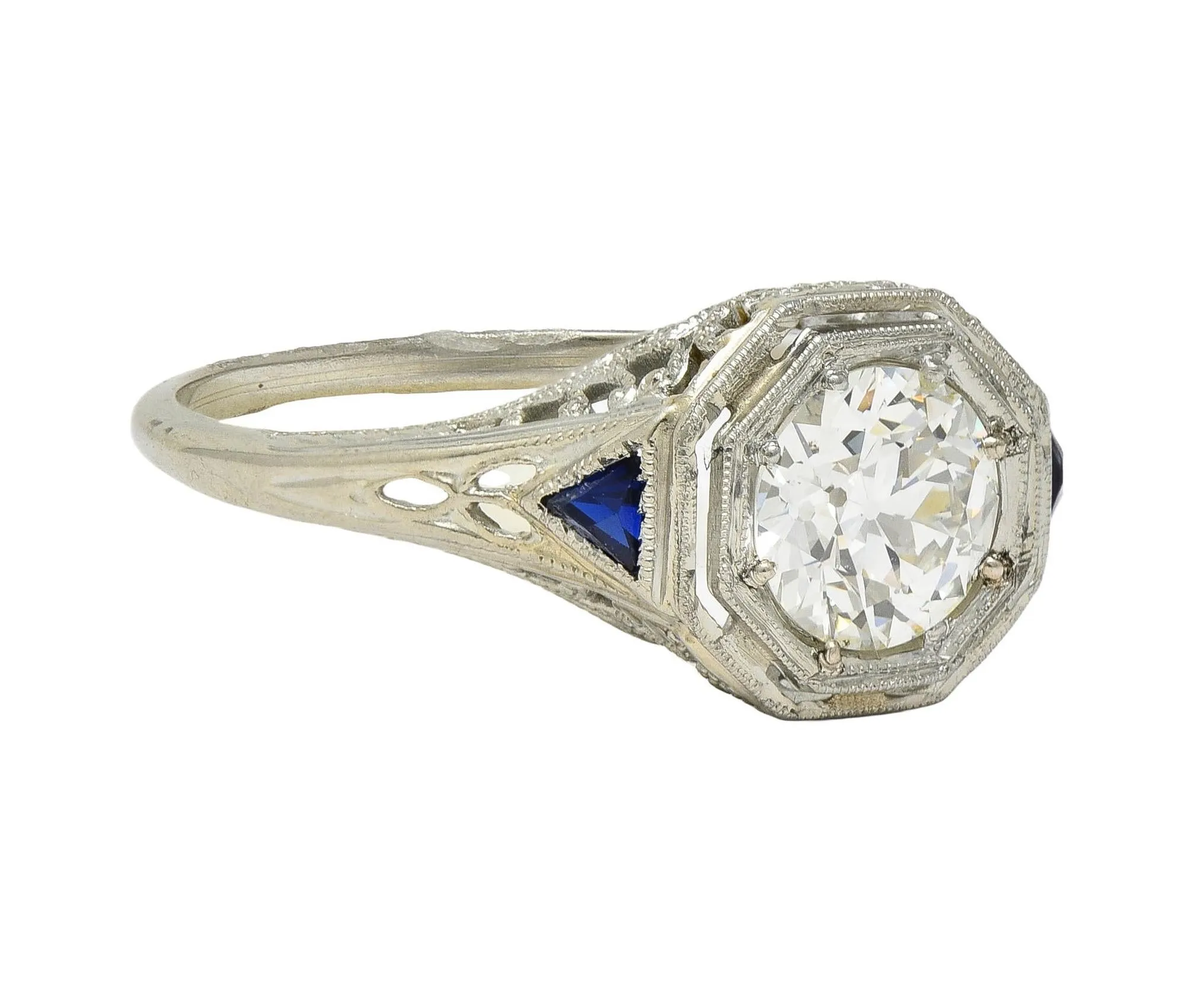 Art Deco 0.91 CTW Old European Diamond Sapphire 18 Karat White Gold Vintage Lotus Engagement Ring GIA