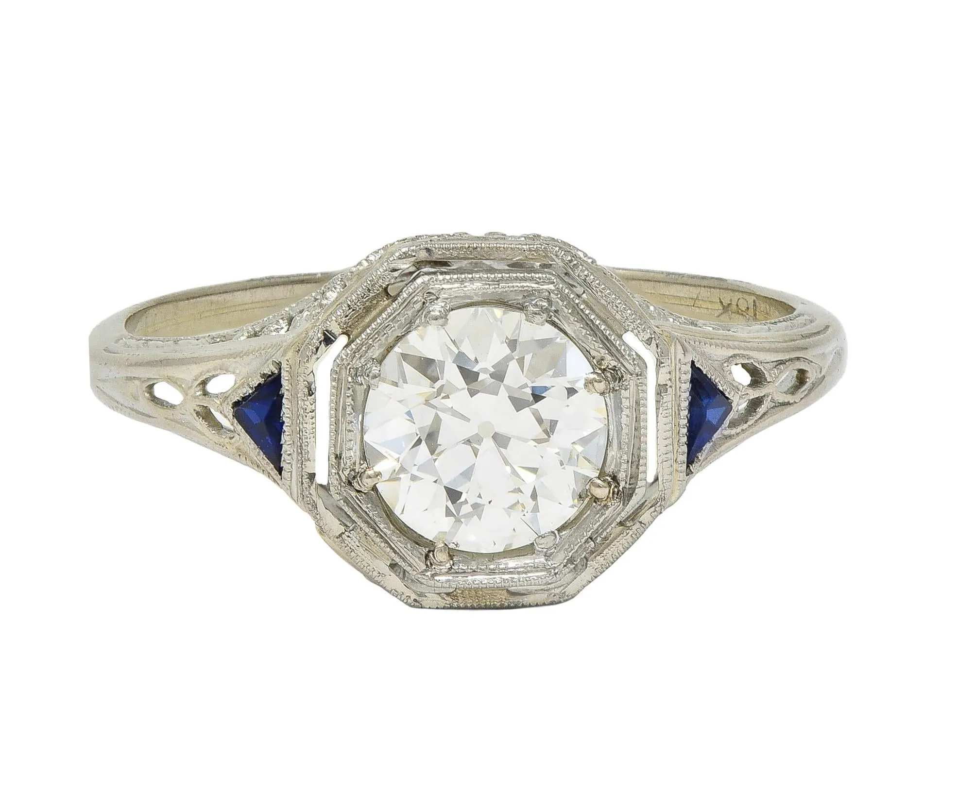 Art Deco 0.91 CTW Old European Diamond Sapphire 18 Karat White Gold Vintage Lotus Engagement Ring GIA