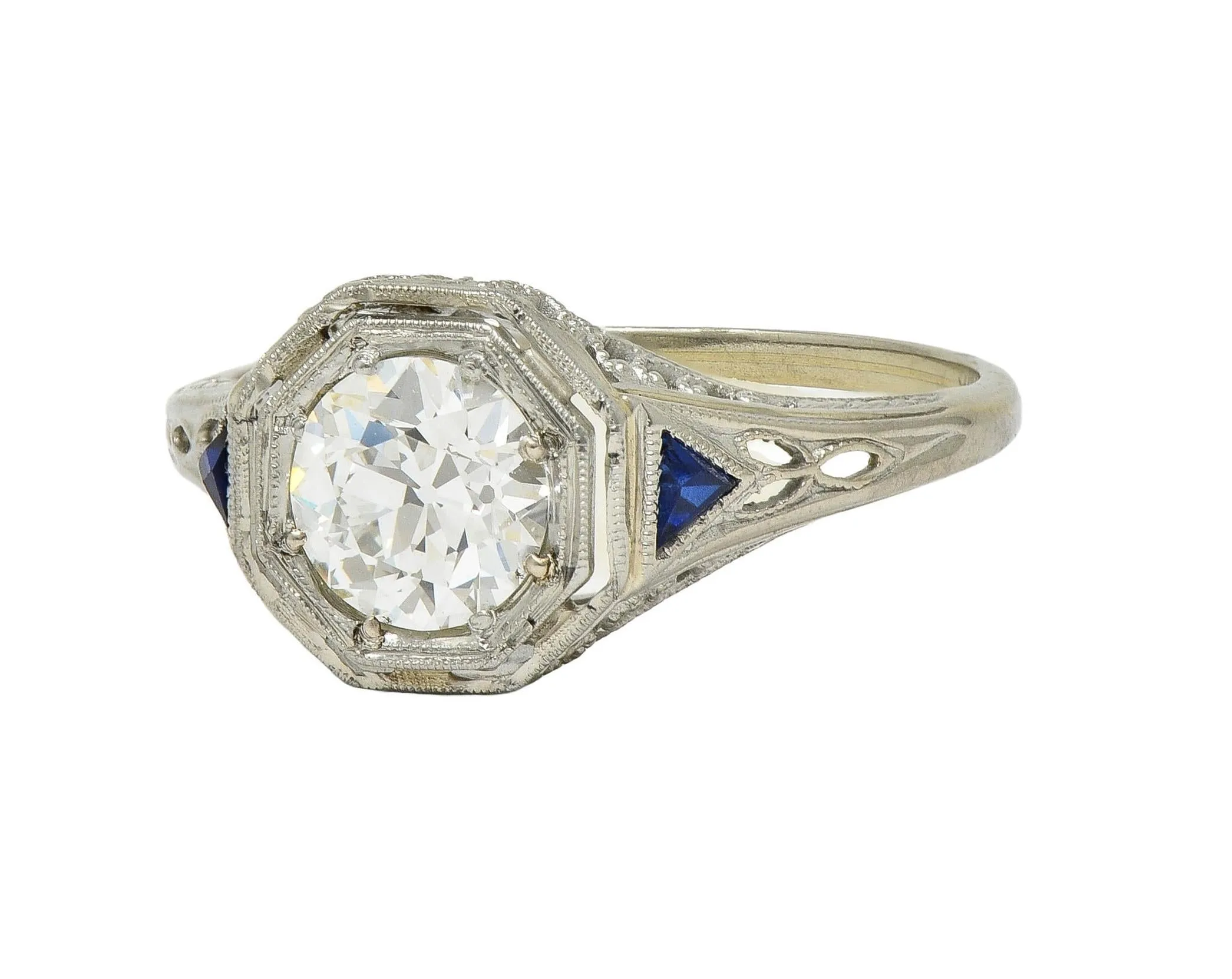 Art Deco 0.91 CTW Old European Diamond Sapphire 18 Karat White Gold Vintage Lotus Engagement Ring GIA
