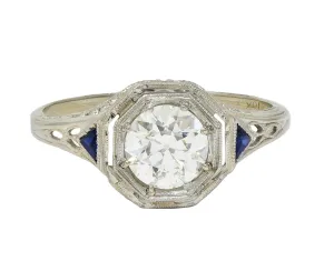 Art Deco 0.91 CTW Old European Diamond Sapphire 18 Karat White Gold Vintage Lotus Engagement Ring GIA
