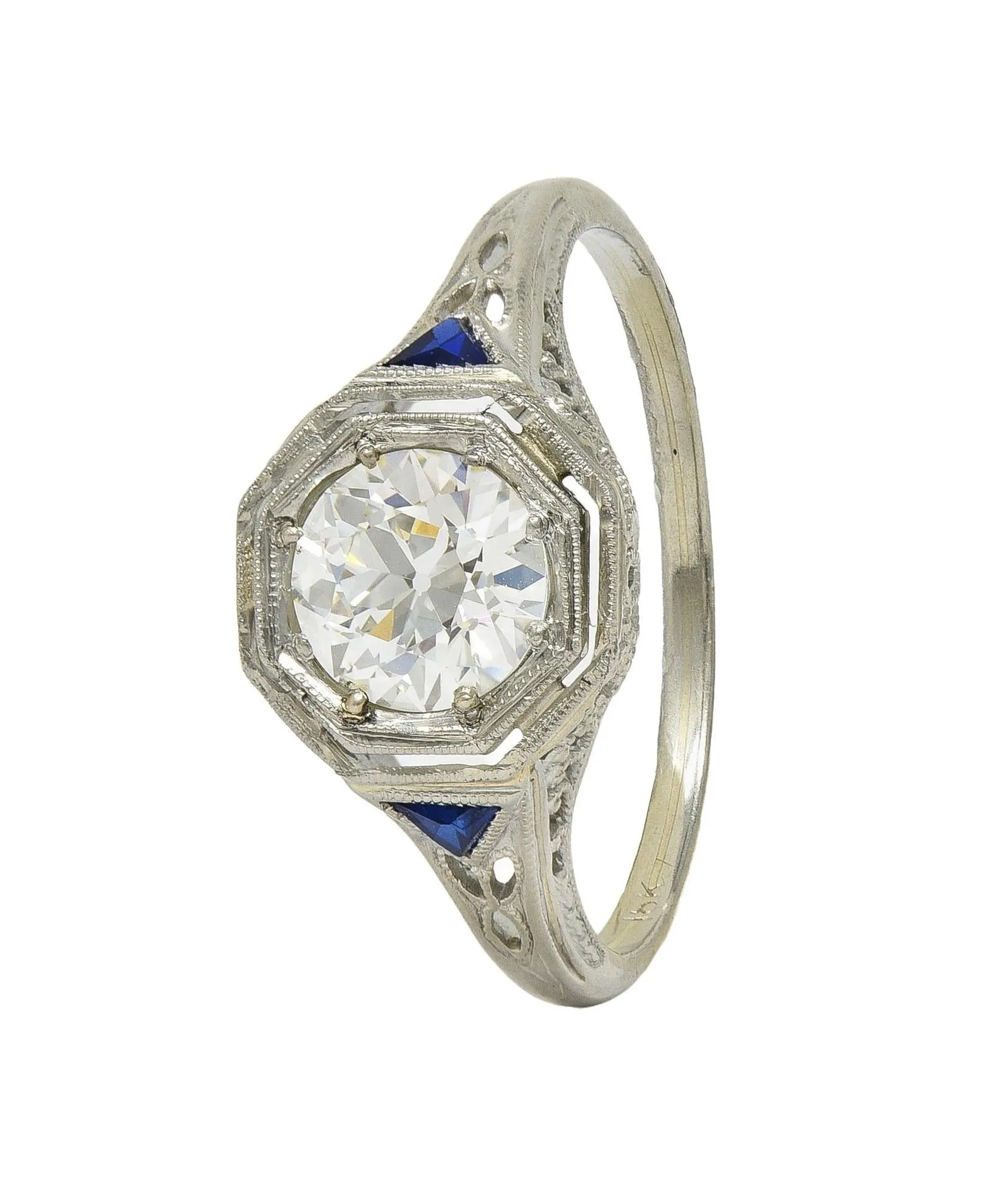 Art Deco 0.91 CTW Old European Diamond Sapphire 18 Karat White Gold Vintage Lotus Engagement Ring GIA