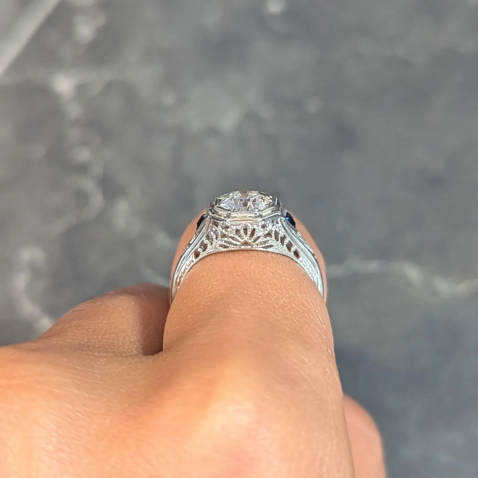 Art Deco 0.91 CTW Old European Diamond Sapphire 18 Karat White Gold Vintage Lotus Engagement Ring GIA
