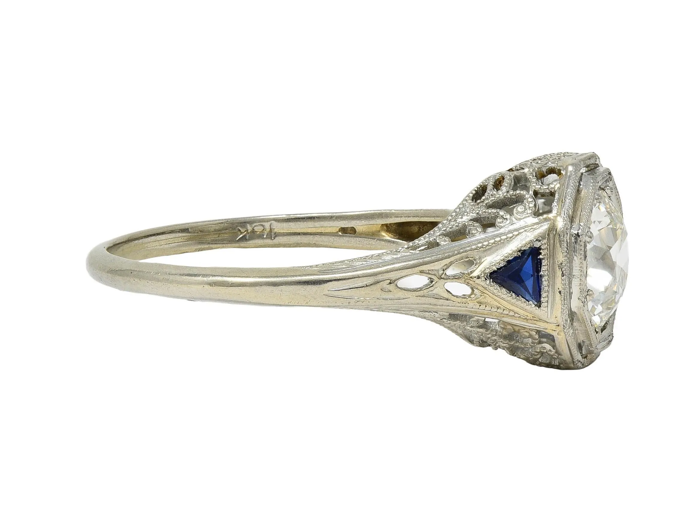 Art Deco 0.91 CTW Old European Diamond Sapphire 18 Karat White Gold Vintage Lotus Engagement Ring GIA
