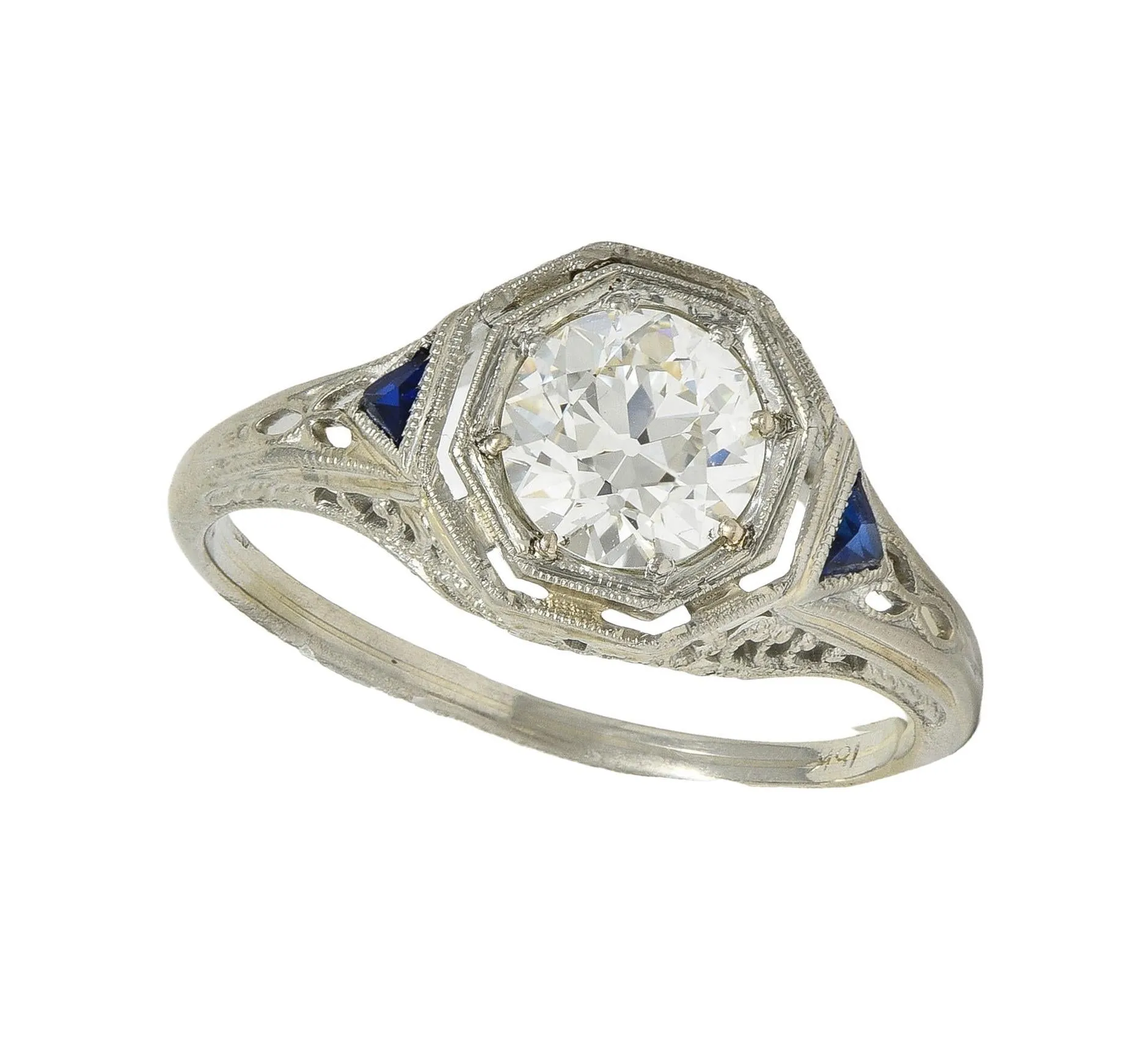 Art Deco 0.91 CTW Old European Diamond Sapphire 18 Karat White Gold Vintage Lotus Engagement Ring GIA
