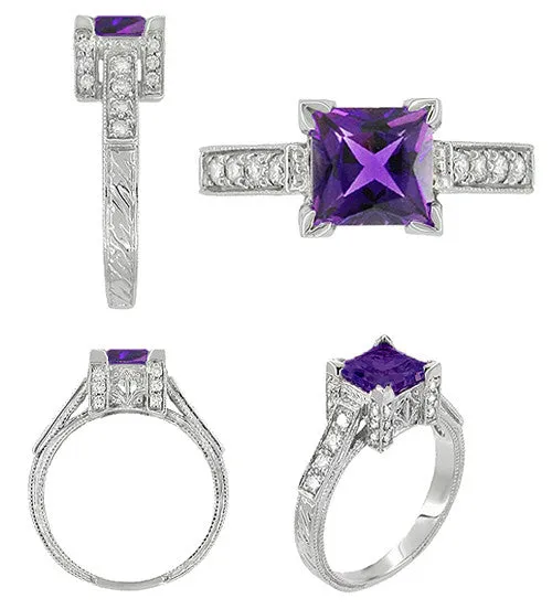 Art Deco 1 Carat Princess Cut Amethyst and Diamonds Castle Engagement Ring in 18 Karat White Gold