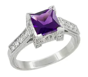 Art Deco 1 Carat Princess Cut Amethyst and Diamonds Castle Engagement Ring in 18 Karat White Gold
