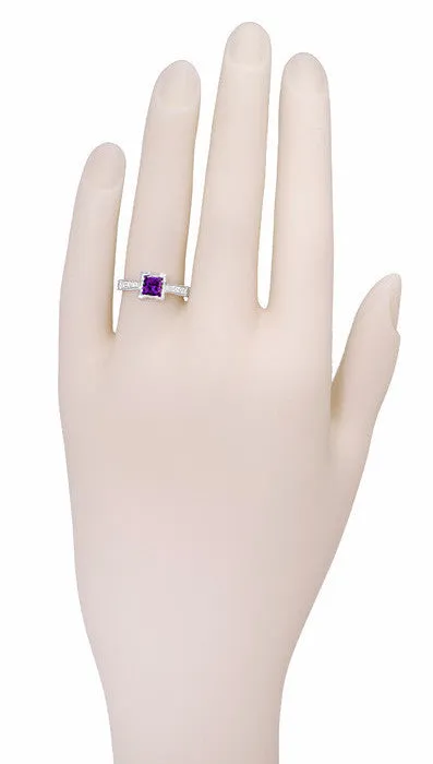 Art Deco 1 Carat Princess Cut Amethyst and Diamonds Castle Engagement Ring in 18 Karat White Gold